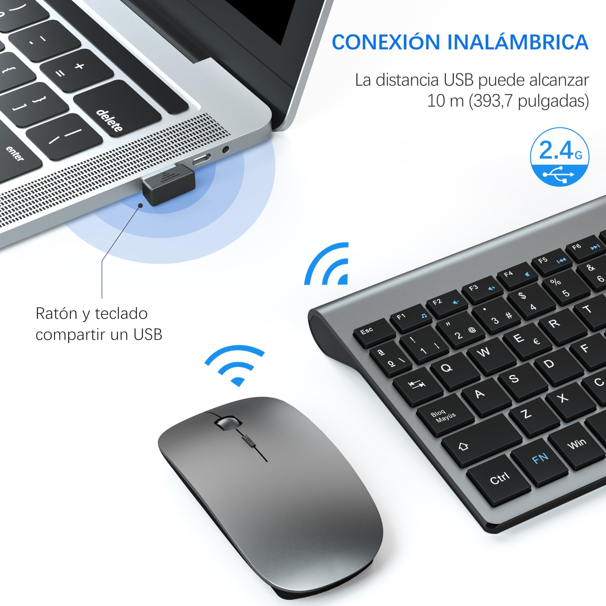 TopMate Pack Teclado y Raton 2400DPI, Inalámbricos Ultra Delgado, 2.4G Compacto Silencioso Teclado de Tamaño Completo con Cubierta, 2 Pilas AA y AAA, para PC/Laptop/Windows-Gris Negro