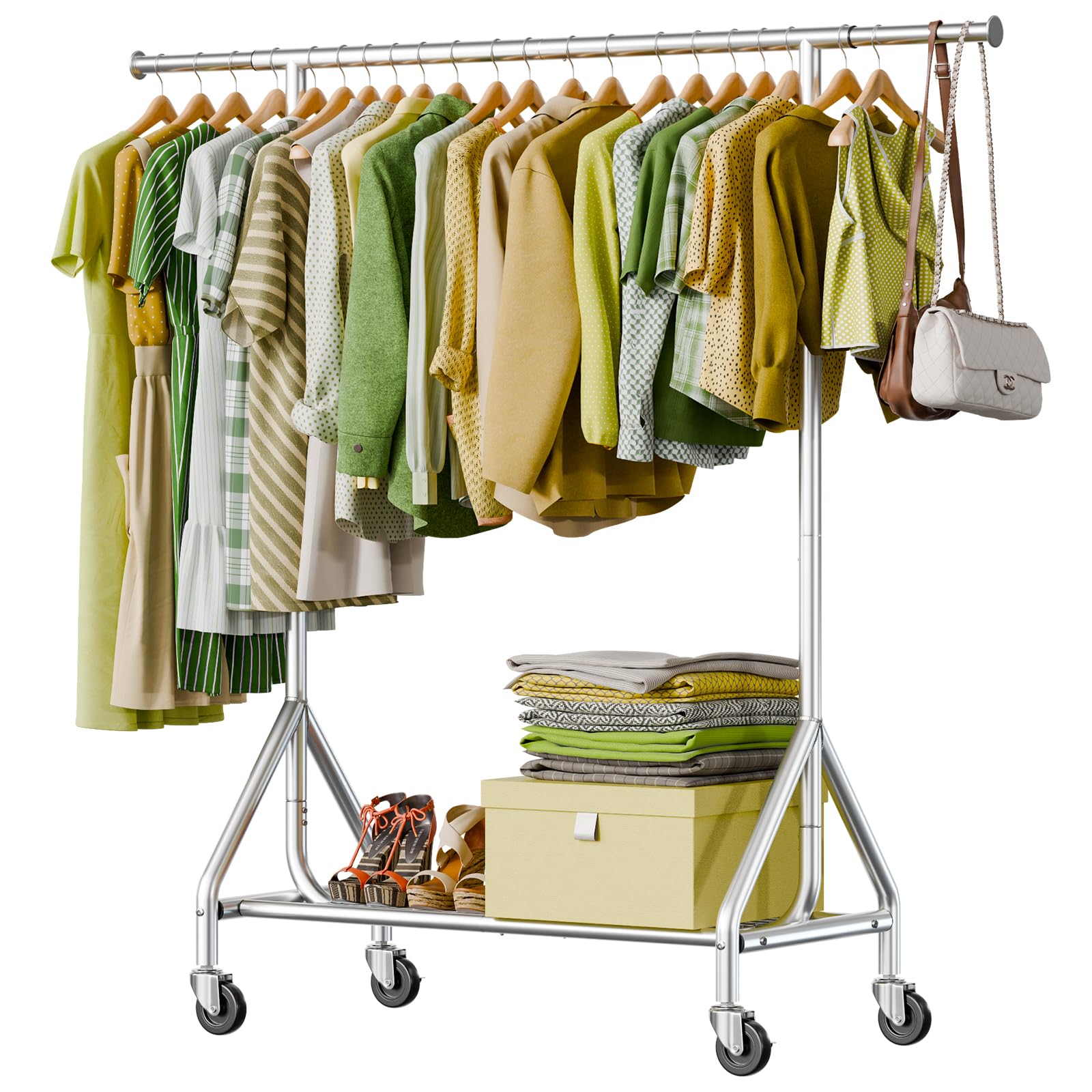 Holiwei Clothes Rack Load 450 LBS, Heavy Duty Garment Rack, Standing Rolling Metal Hanging Clothes with Sturdy Wheels & Shelves, Silver