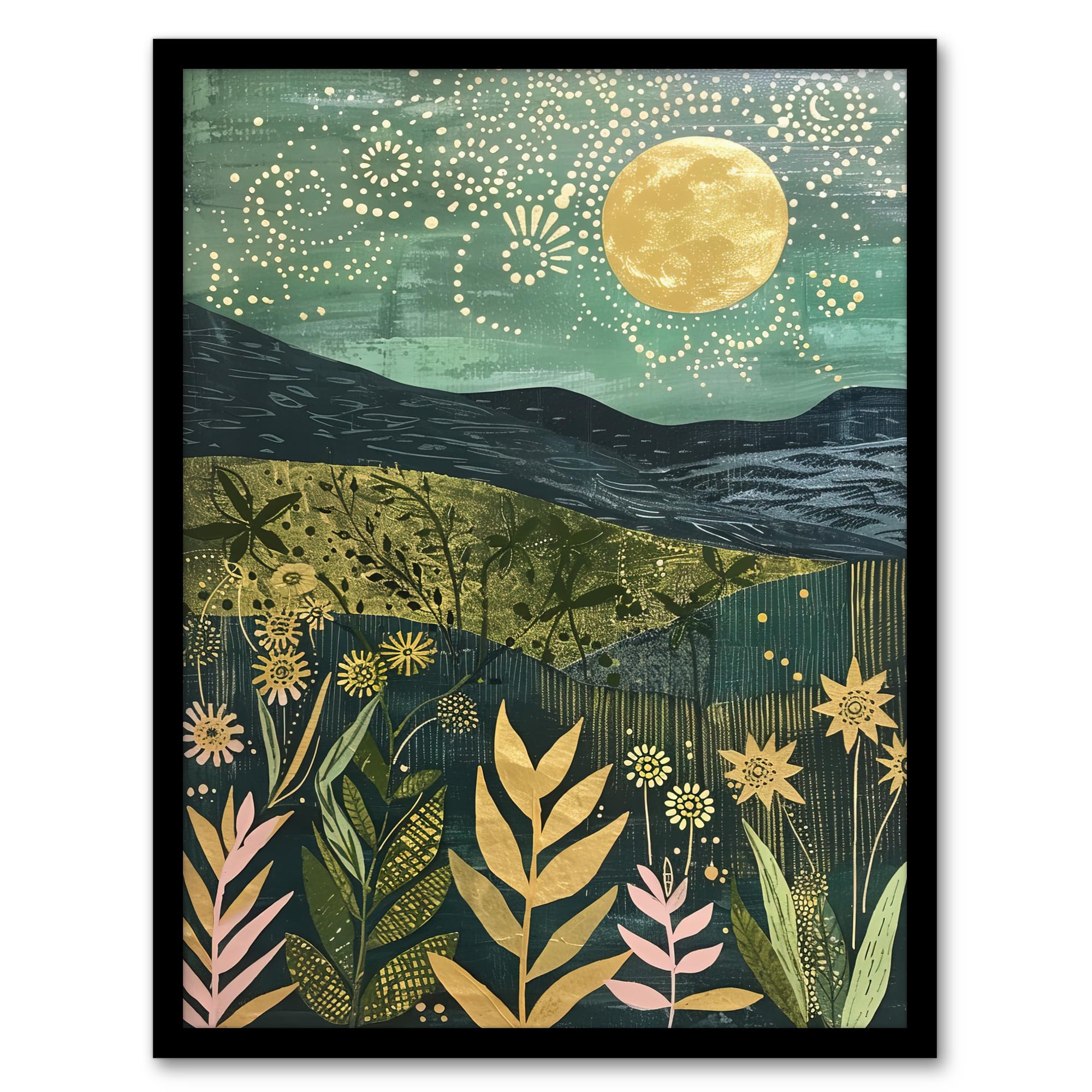 Artery8 Full Moon Floral Landscape Folk Art Painting Living Room Artwork Framed Wall Art Print A4