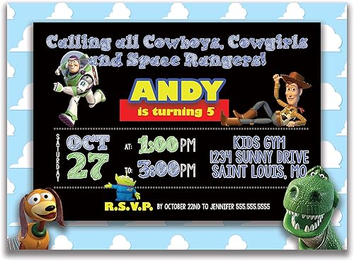Invitaciones de cumpleaños personalizadas inspiradas en Toy Story, sobres incluidos con opción impresa, 5 x 7 pulgadas, múltiples opciones de