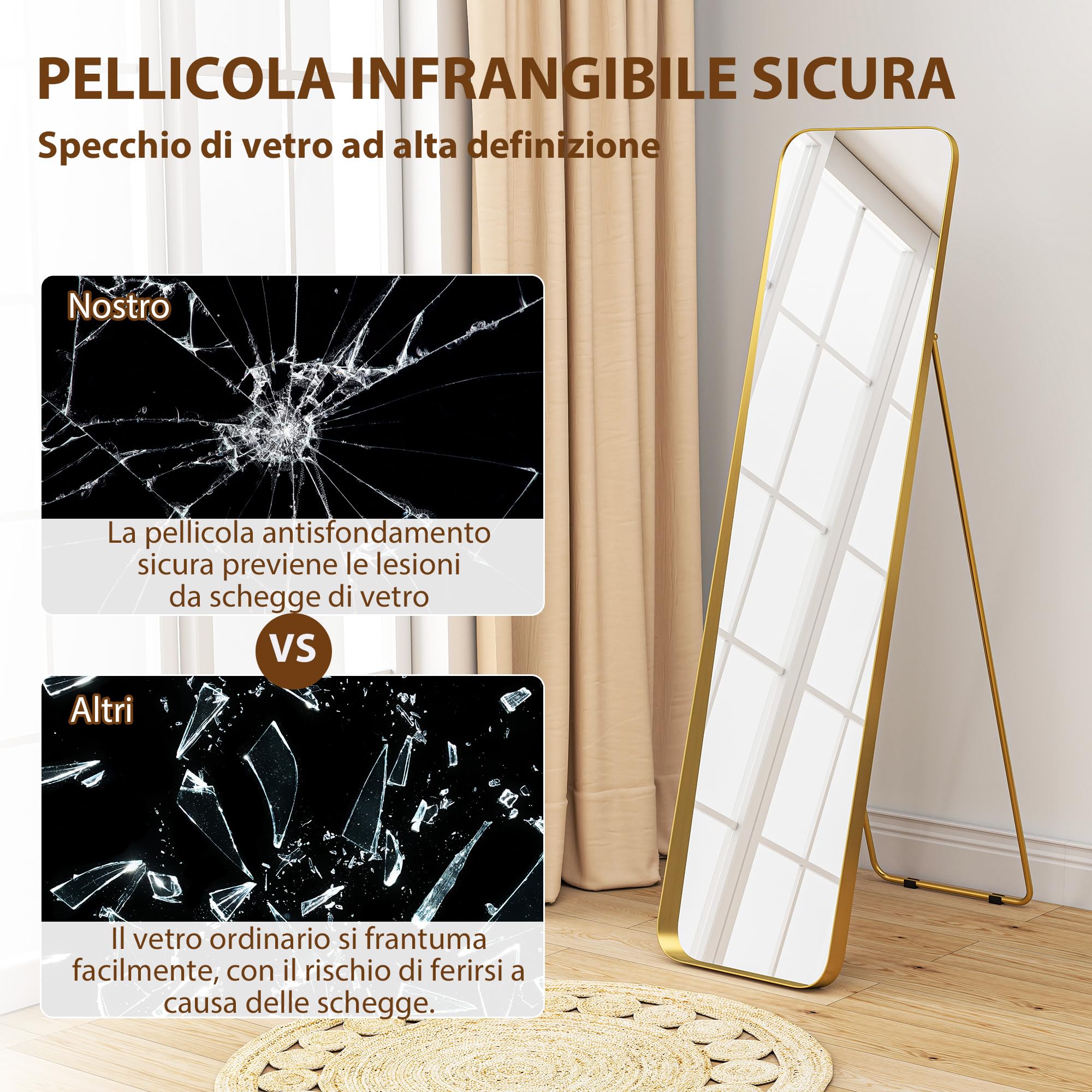 HOMCOM Specchio da Terra Moderno a Figura Intera Antiscoppio 40x160 cm Oro | Specchio Verticale con Cornice, in Vetro MDF e Metallo, per Camera da Letto, Soggiorno e Ingresso