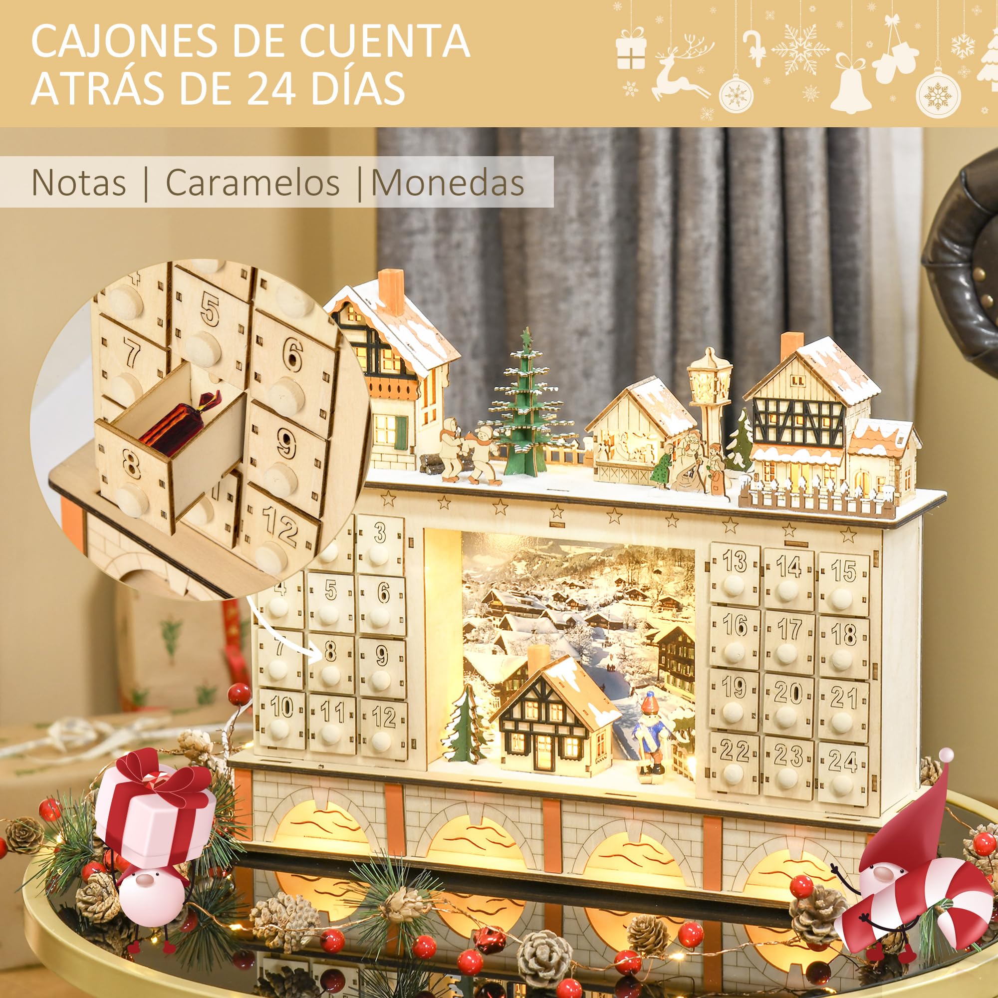 HOMCOM Calendario de Adviento para Llenar Calendario de Adviento de Madera con Luces y 24 Cajones de Cuenta Regresiva Juguetes para Niños y Adultos 44x10x37 cm Natural