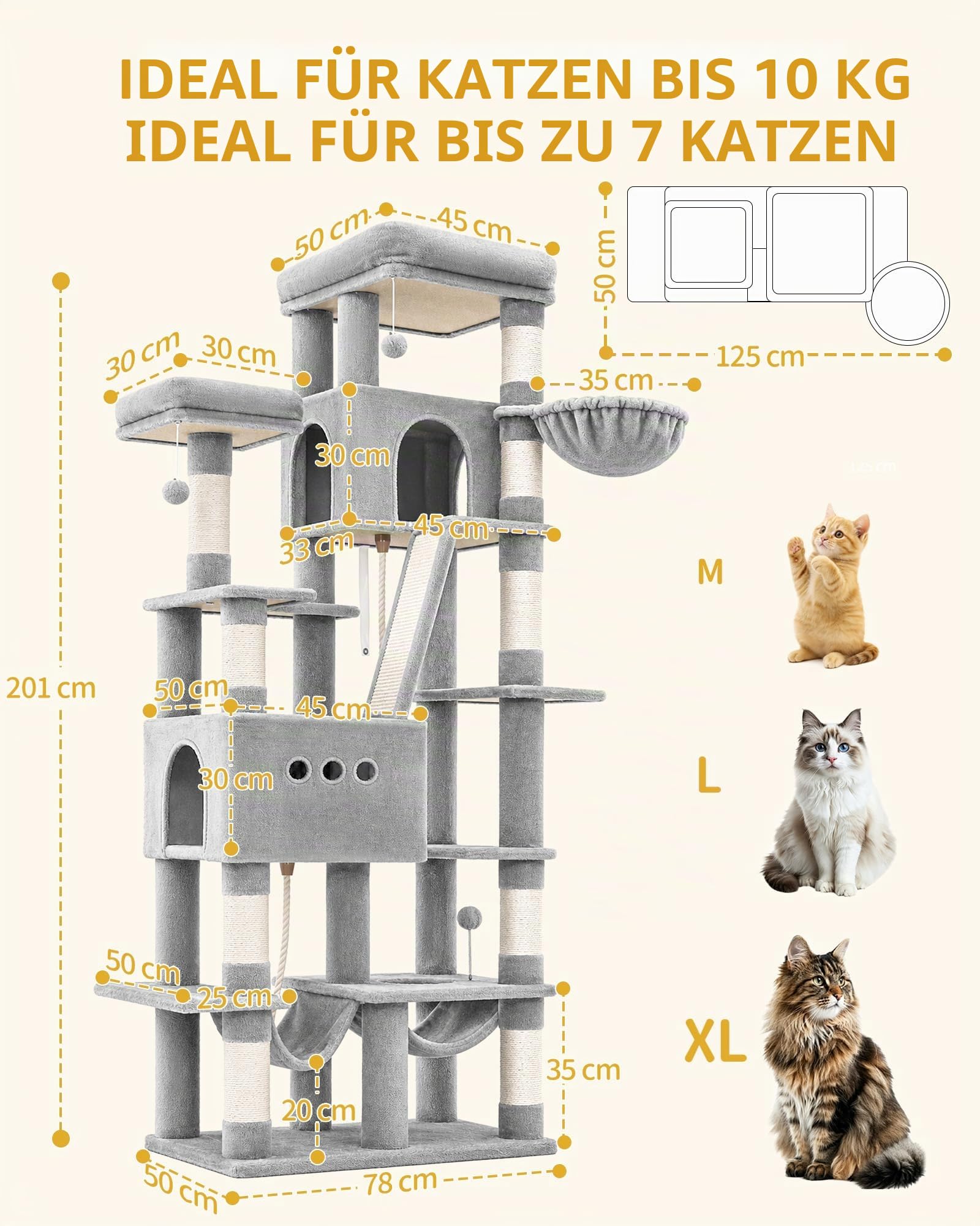 Hzuaneri Kratzbaum, 201 cm XXL Katzenbaum mit 9 Kratzsäulen, 2 Höhlen, 2 Hängematten, Große Plattform, Sisalseil, Korb, Schwerer Kratzbaum für Maine Coon, Große Katzen, Hellgrau 8320018LG