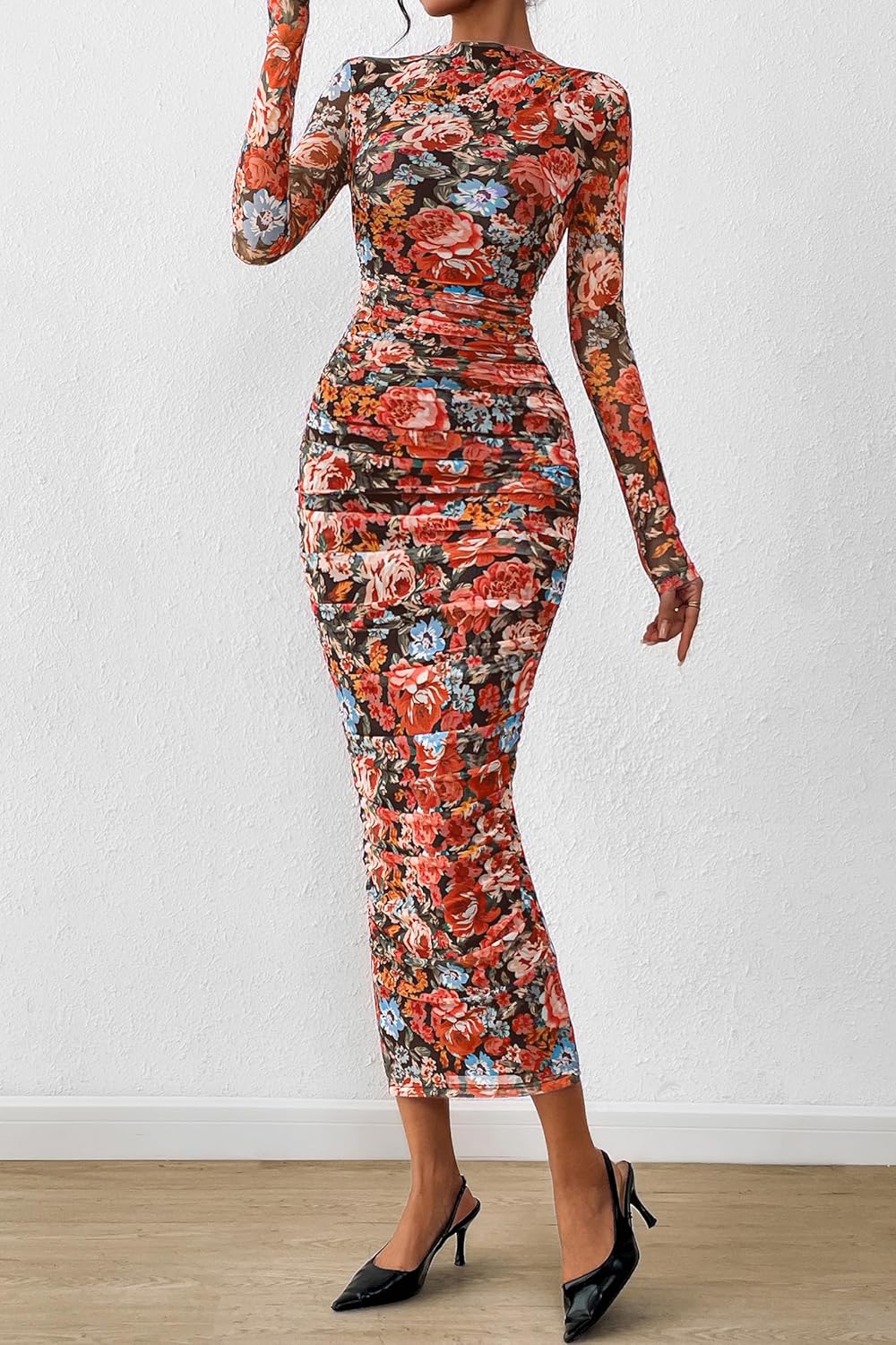 PRETTYGARDEN Womens Long Sleeve Maxi Dresses 2026 Spring Ruched Bodycon Floral Mesh Formal Wedding Guest Cocktail Party Dress - Image 4