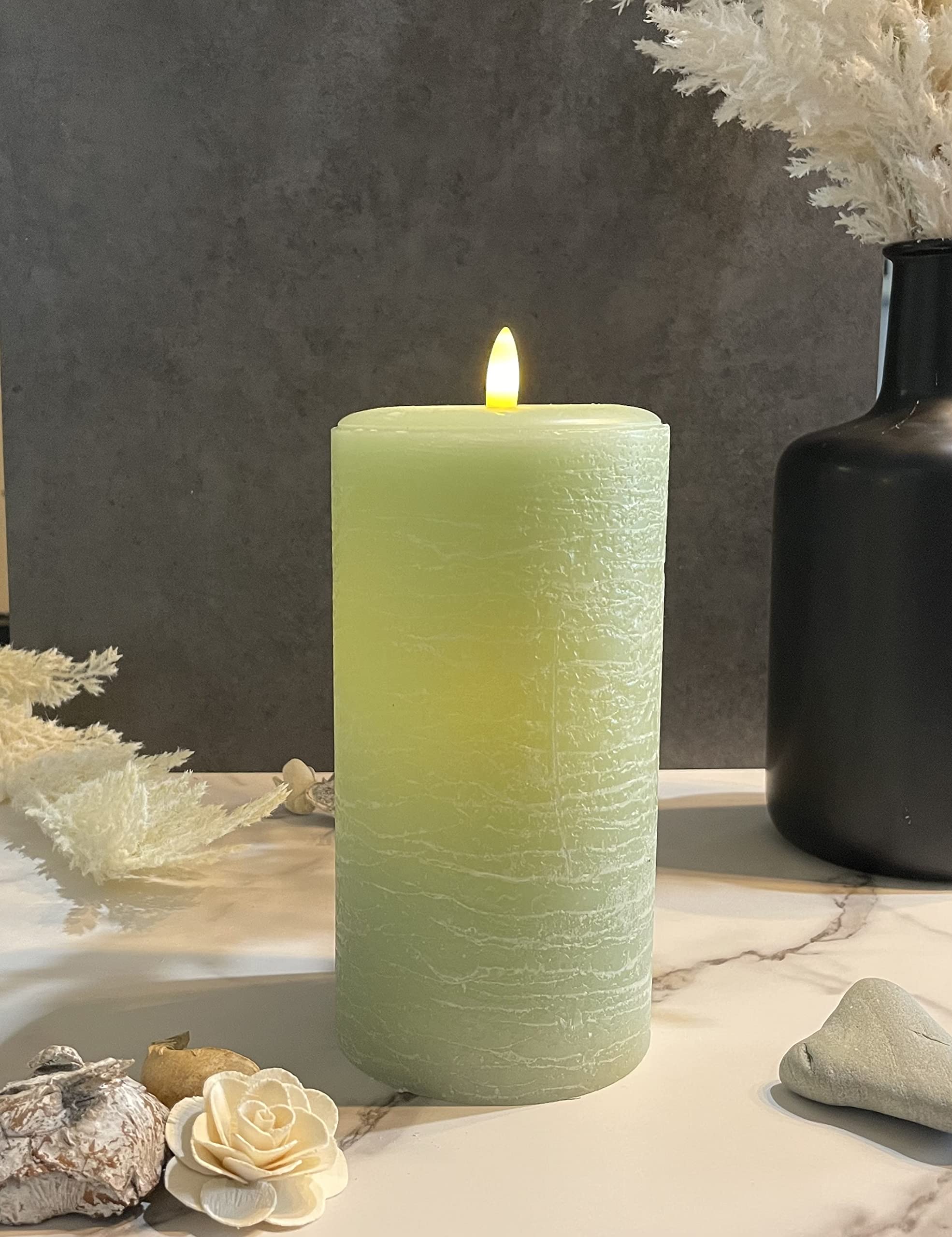LumiPur Signature Natural Glow Flickering Flameless LED Wax Pillar Candle (3.5" x 7", Sage Green)