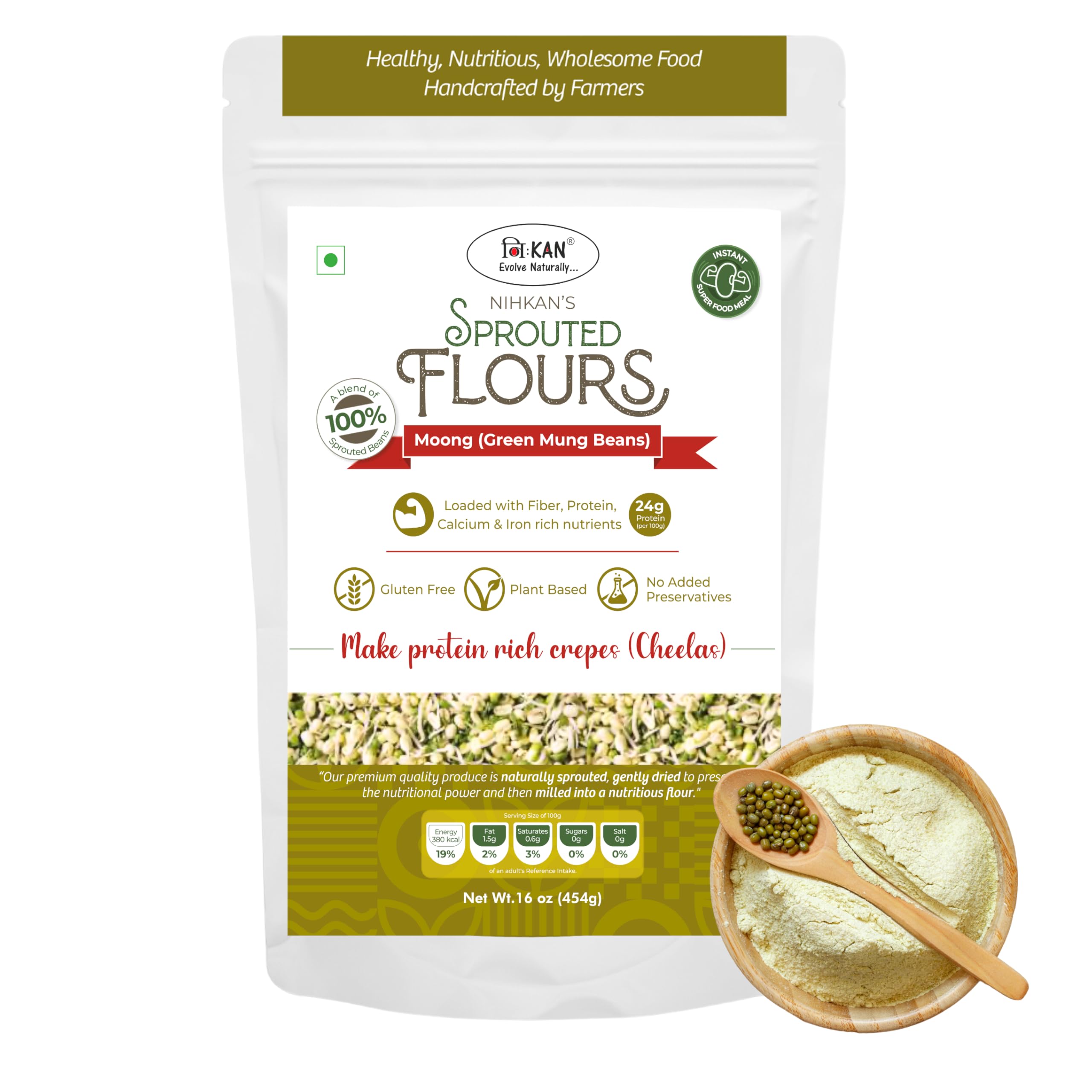 NIHKAN Sprouted Green Mung Bean flour - 454g | 100% Sprouted green moong grains | Gluten free Flour | High Protein Instant Cheela Mix or Crepe Mix or Dosa mix | No Salt or spices added