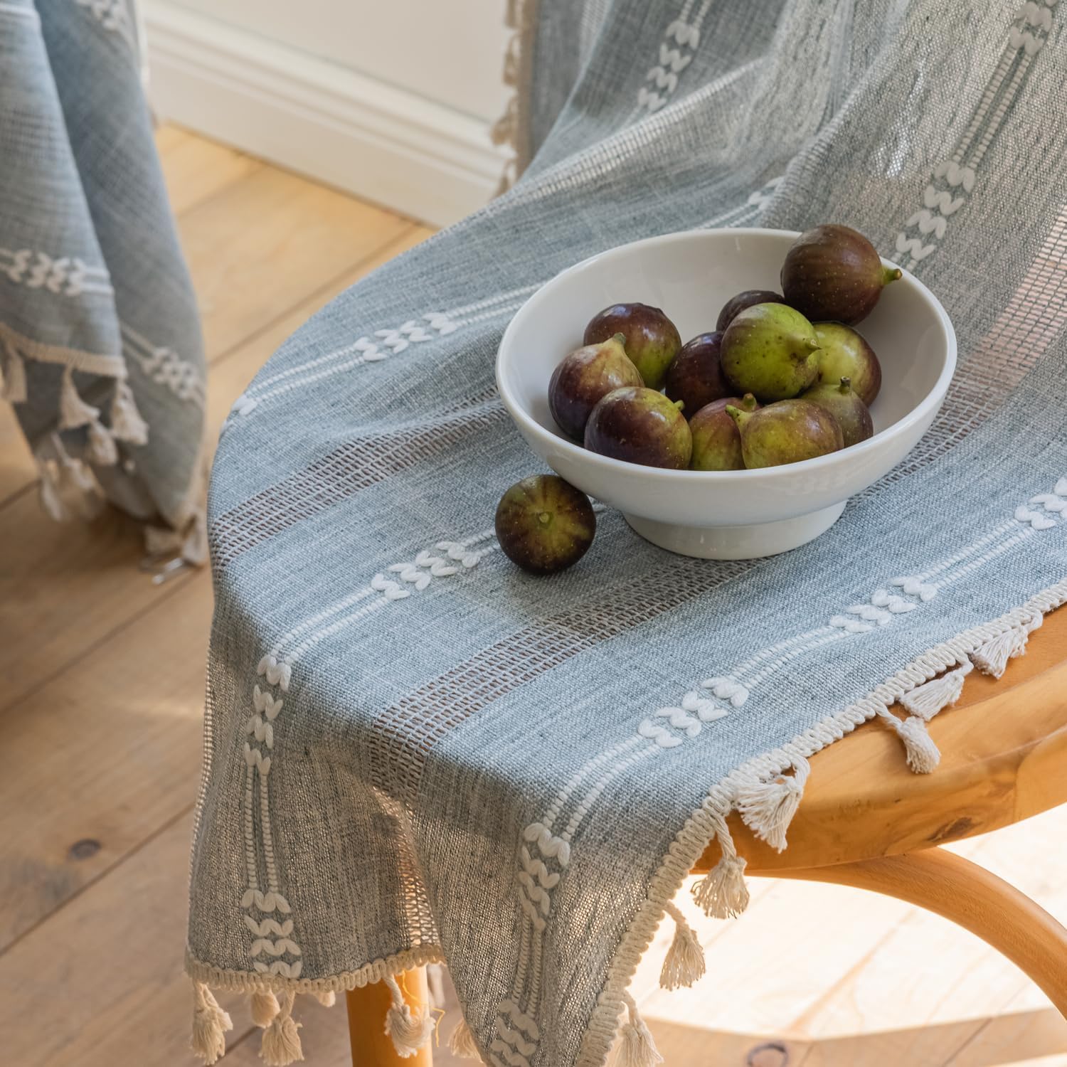 ColorBird Boho Curtains 84 Inches for Living Room Bedroom Farmhouse Cottage Core Dusty Blue Linen Drapes Light Filtering Embroidered Striped Window Treatment Boho Chic Decor Dining Closet Nursery