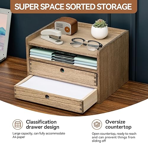 Miniatura 6 de KIRIGEN Gabinete organizador de escritorio con 2 cajones y bandeja, estante de almacenamiento de escritorio de oficina de madera para suministros de
