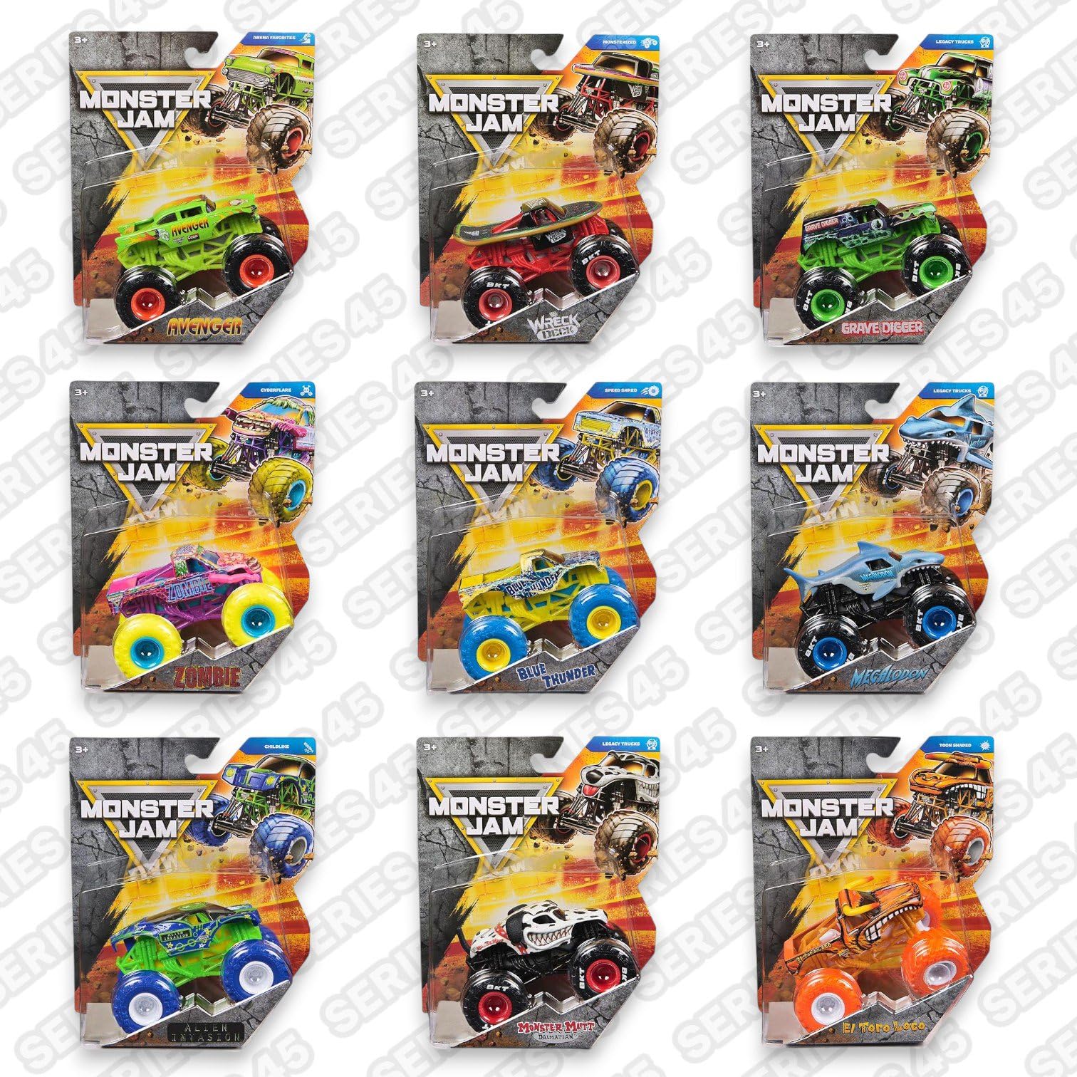 Monster Jam 1:64 Scale Diecast Truck Series 45 Complete Set with 9 Trucks: Wreck Deck, Zombie, Megalodon, Grave Digger, Alien Invasion, Avenger & More