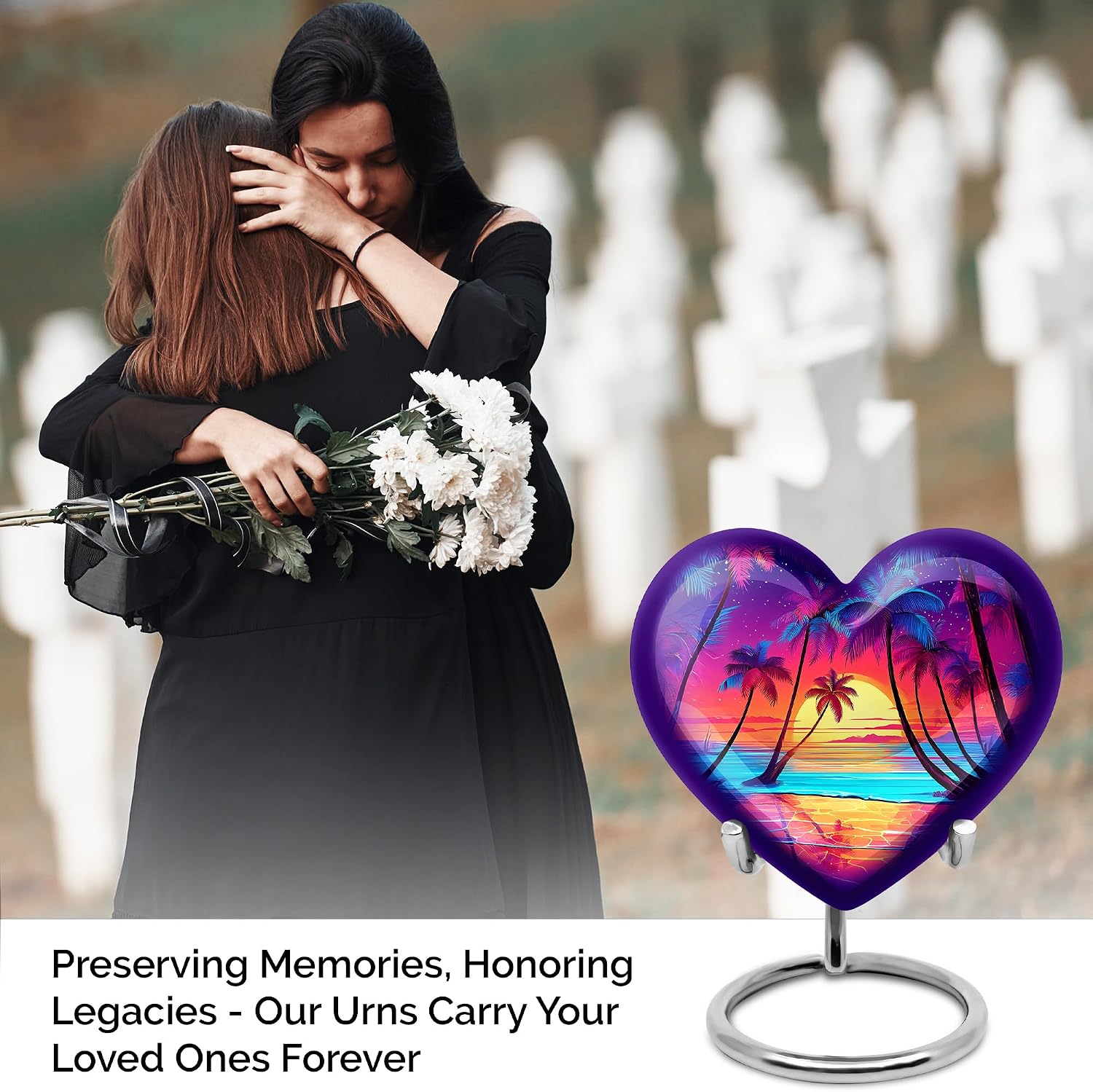 Beach Cremation Funeral Urns for Ashes Grandfather, Sunset Urn with Blue Burial Urn for Adult Ashes for Women, Decoration Keepsake Heart Urns for Human 3 Inch