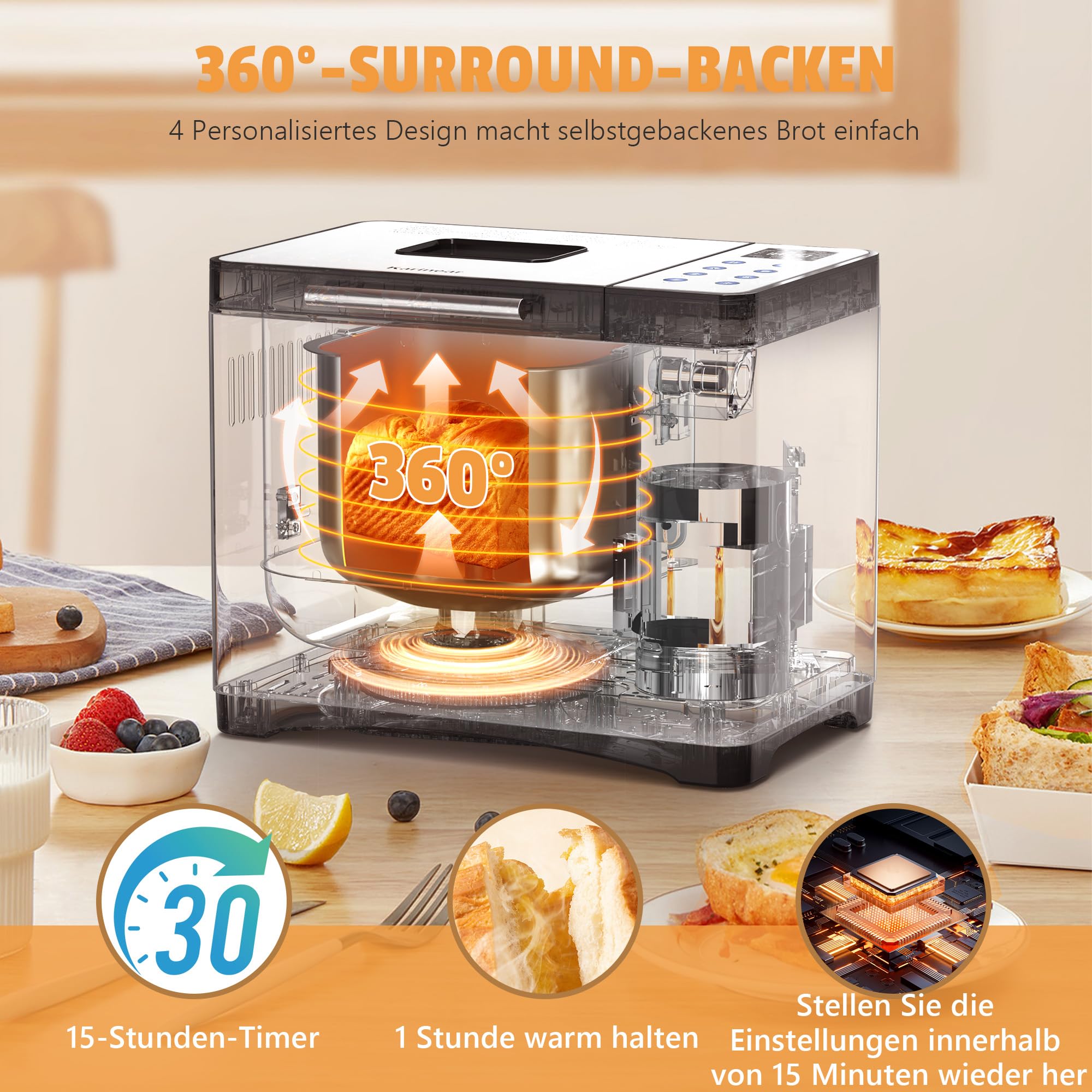 Karinear Brotbackautomat ohne Loch im Brot – 20 Programme Brotbackmaschine, 15-Std.-Timer, 3 Laibgrößen & Bräunungsstufen, 2LB Brotbackautomat, Bread Maker inkl. hitzebeständige Handschuhe, Weiß