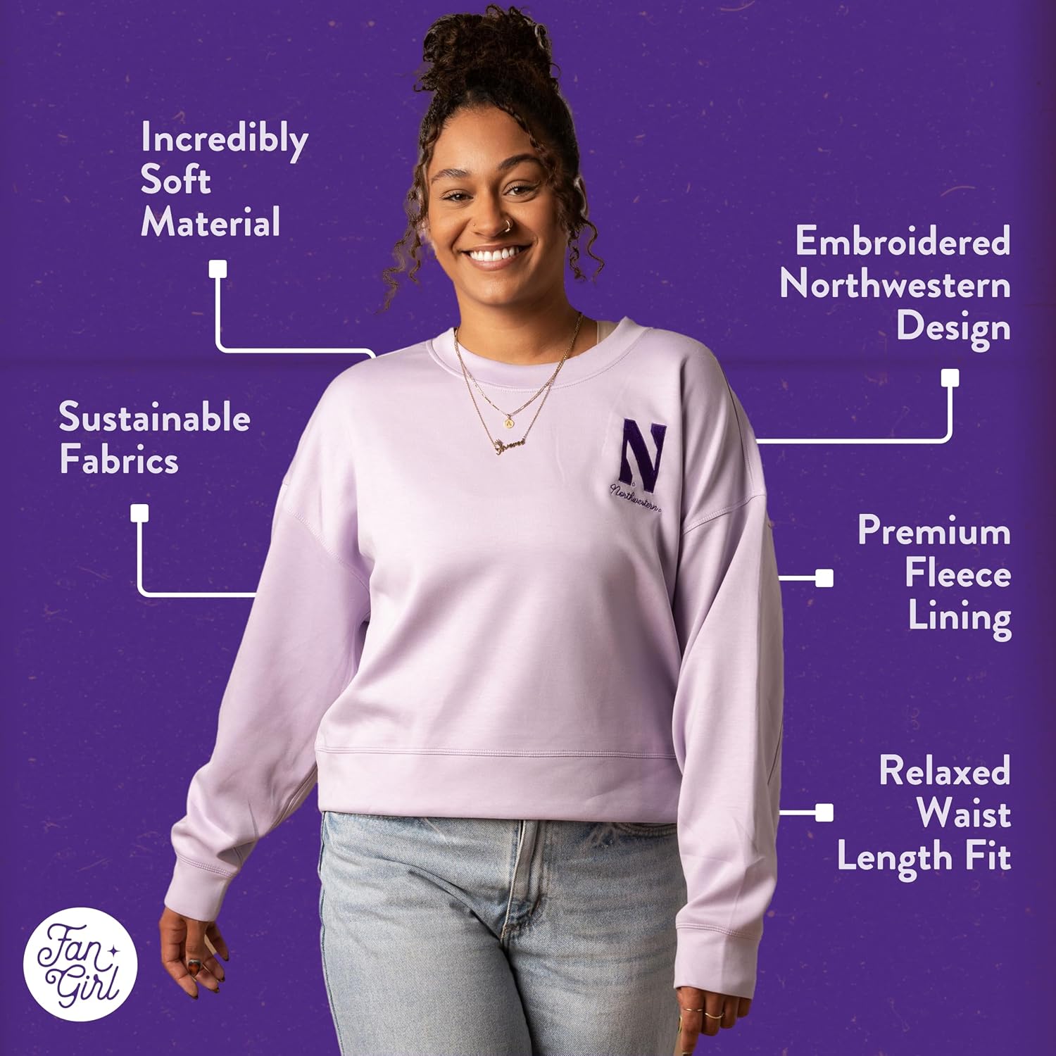 Fan Girl Women’s Northwestern Women’s Sweatshirt, Super Soft Wildcats Ladies Modal Crewneck, Purple, Sizes S-2XL