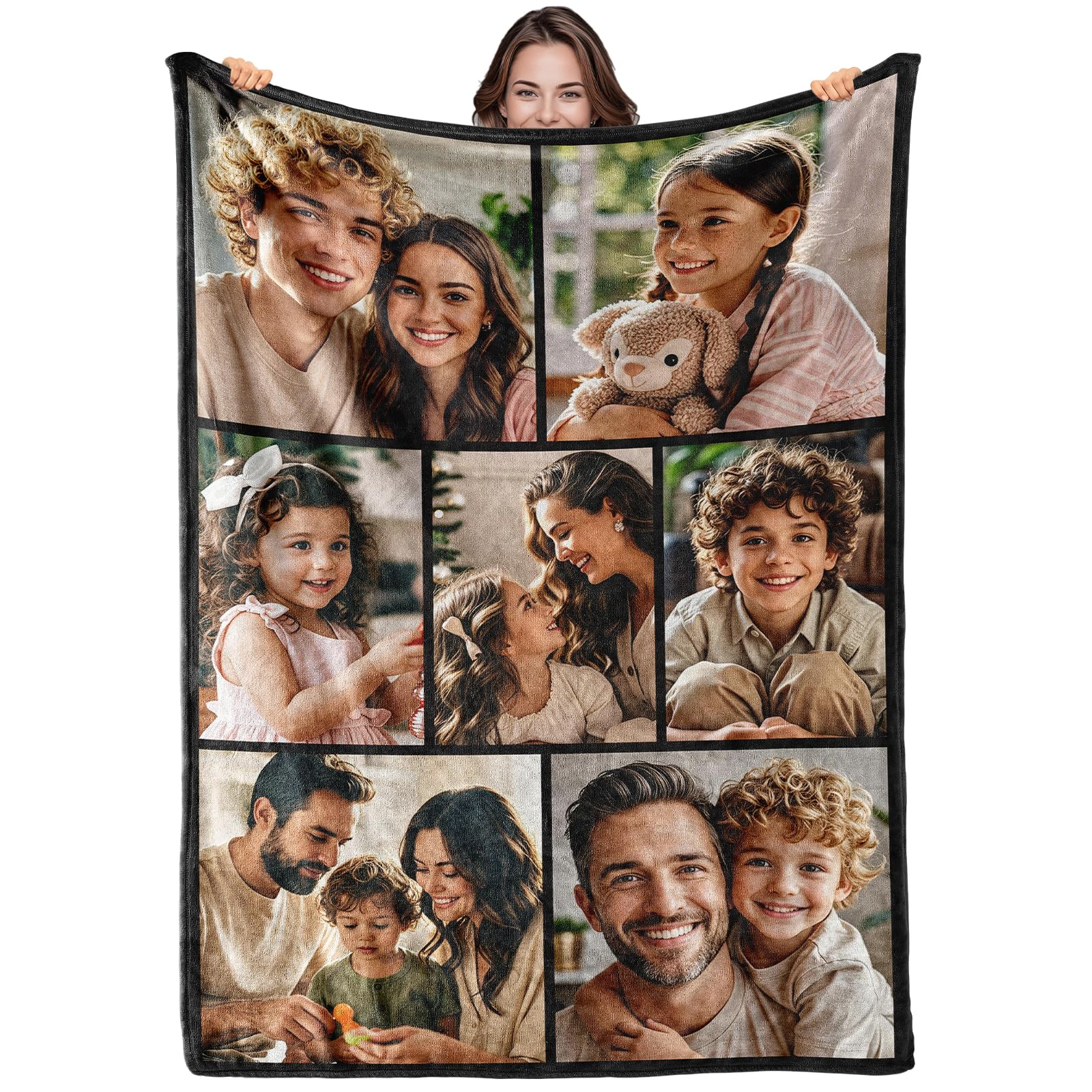 Bemaystar Personalised Photo Blanket with Text - Custom Blanket for Adults & Kids, Customised Gifts for Mum Dad Girlfriend Boyfriend Christmas Anniversary Birthday - 7 Photos