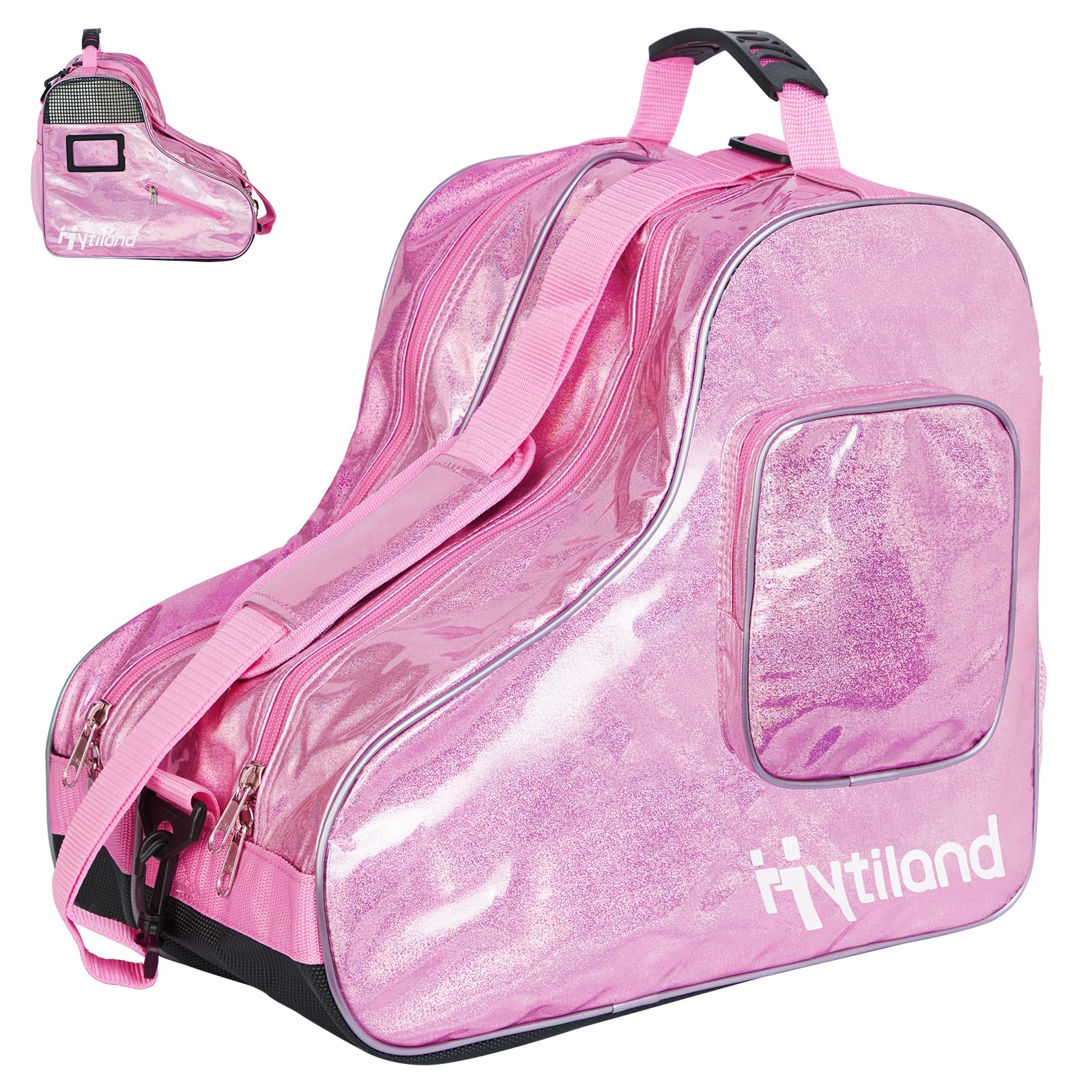 Hytiland Roller Skate Bag Inline Skates Bag Stylish Plain Holographic Fashion Model Spacious Big Capacity Ice Skate Bag Breathable Mesh Waterproof & Durable Figure Skating Bag For Women And Youth
