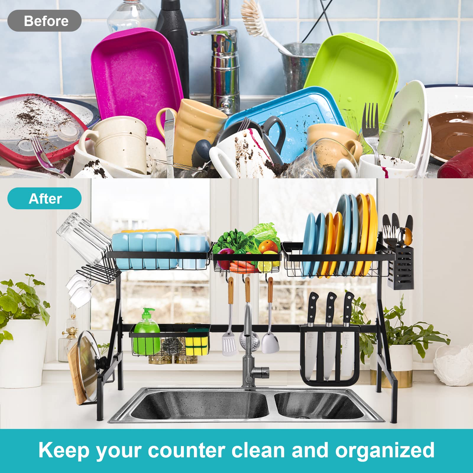 Over The Sink Dish Drying Rack, ASoopher 2 Tier Large Stainless Steel