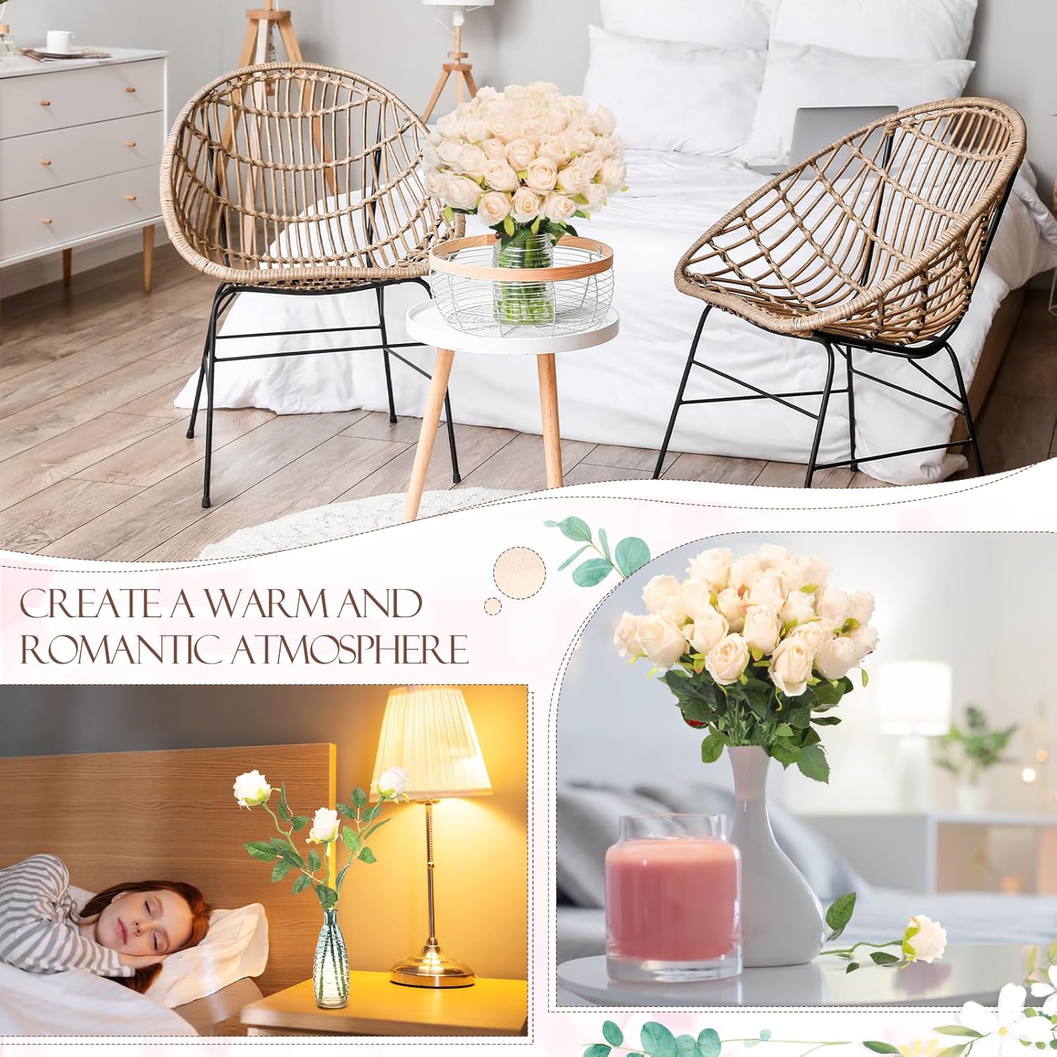 Hotop 80 Pcs Rose Artificial Flowers Bulk with Long Stem, Silk Roses Realistic Fake Flowers Bouquet for Wedding Table Centerpieces Bridal Shower Party Home Decorations(Beige) - Image 5