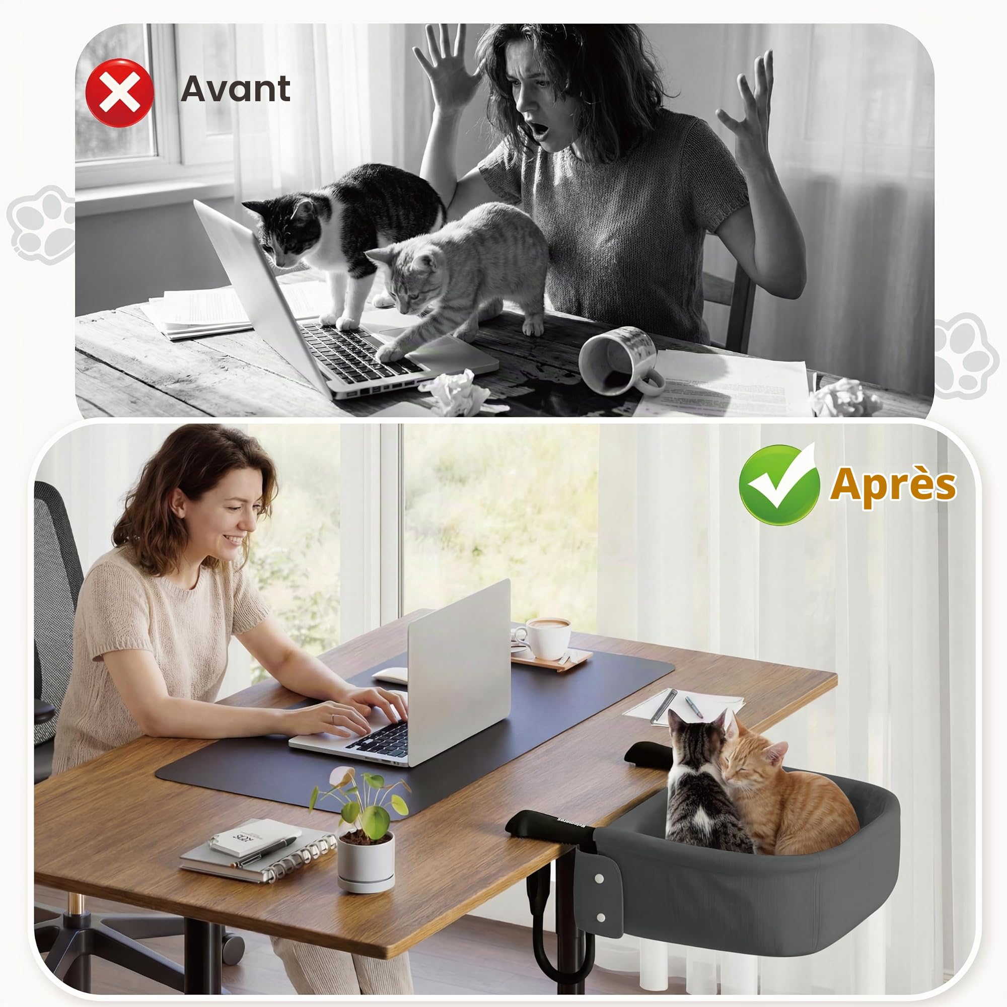 Panier Chat Bureau de Grande Taille, Ultra-robuset Hamac Chat | Pour bureau jusqu'à 7,6 cm, ultra-résistant, motif pattes, imperméable, tapis double face, montage facile (jeu/cuisine)