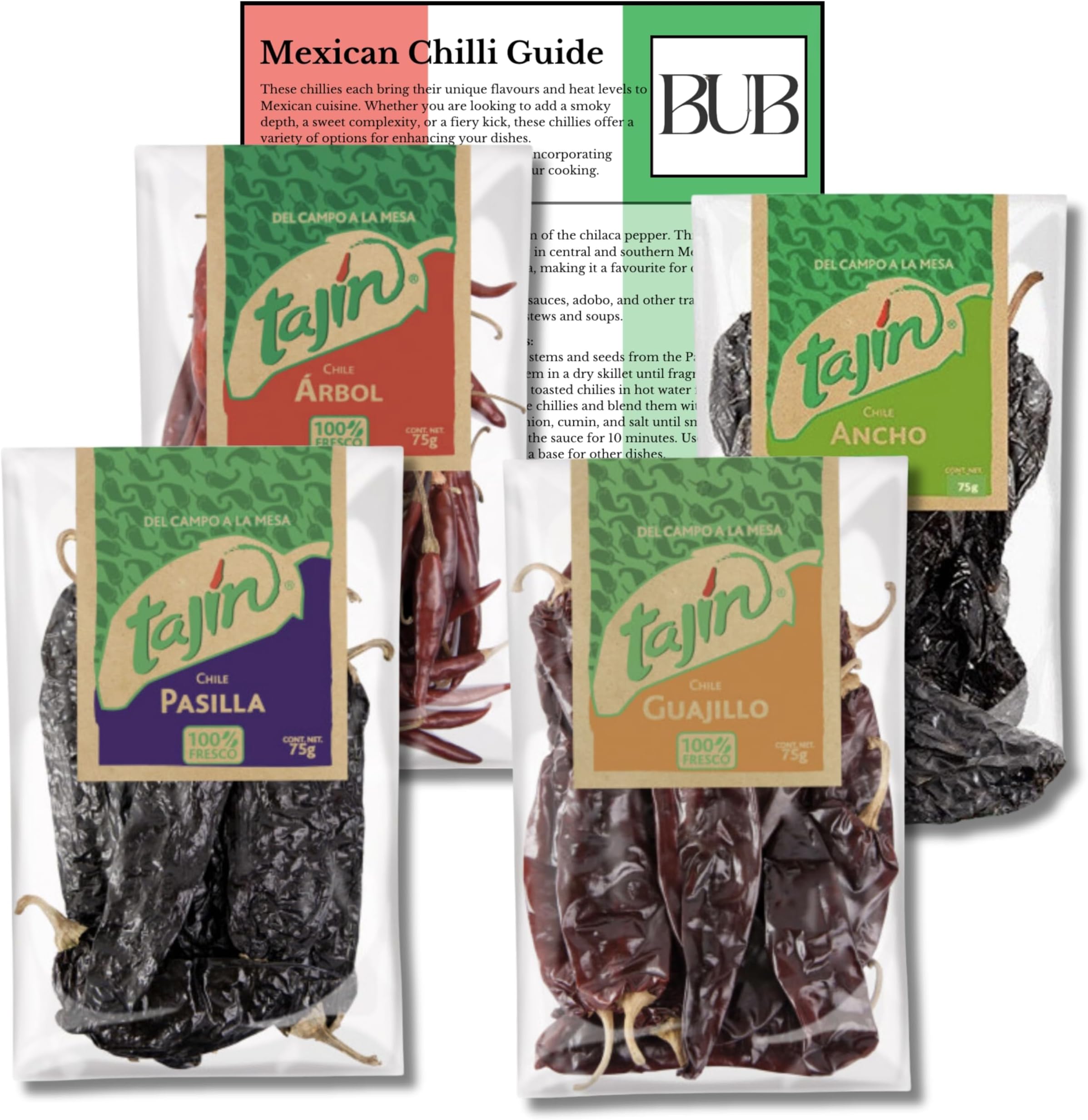 BUB Mexican Chilli Gift Pack - 4-Pack of 75g Tajin Chillies - Dried Chillies: Ancho, Guajillo, Arbol, Pasilla with Included Mexican Sauce Recipes & Chilli Guide (4 Pack)