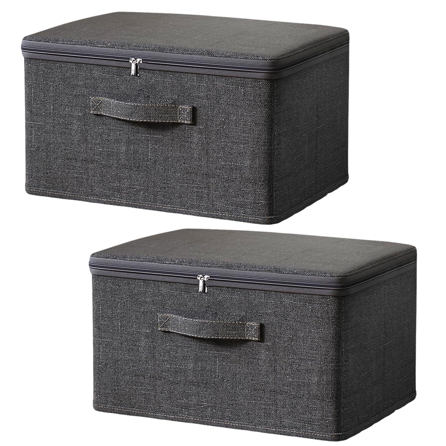 Cnwinu 2PCS Storage Box with Lids and Zips,Grey Foldable Fabric Wardrobe Storage Organiser,Stackable Storage Boxes with Reinforced Handle,Clothes Storage Boxes for Blanket Toy Comforter Bed Sheet(XXL)