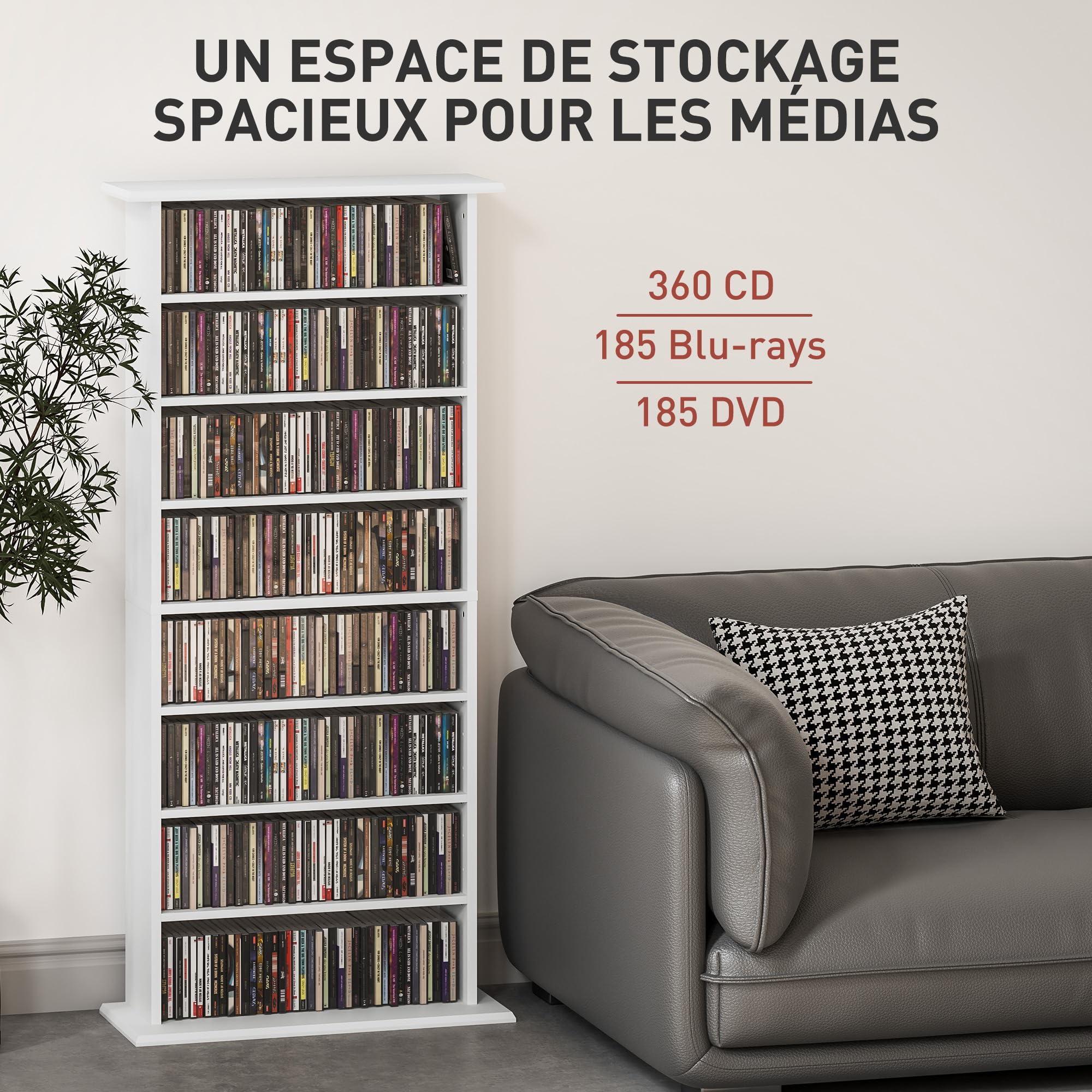 Almacén de CD y DVD HOMCOM, Unidad de Almacenamiento Multimedia con 8 Compartimentos y 6 estantes Ajustables, Capacidad máx. 360 CD/185 DVD y BLU-Ray, 58 x 24 x 124,5 cm, Blanco