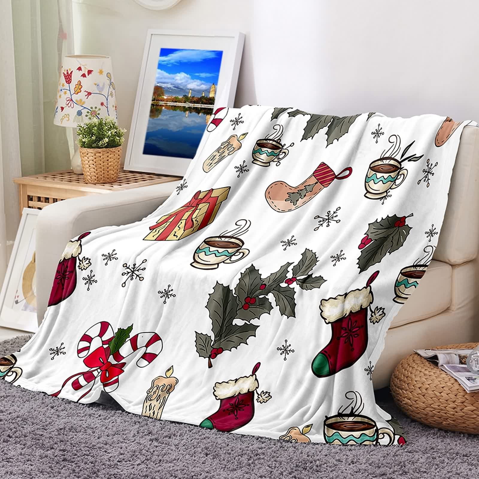 Plaid Noël rouge et blanc en polaire doux pour un canapé chaleureux en hiver 100x150