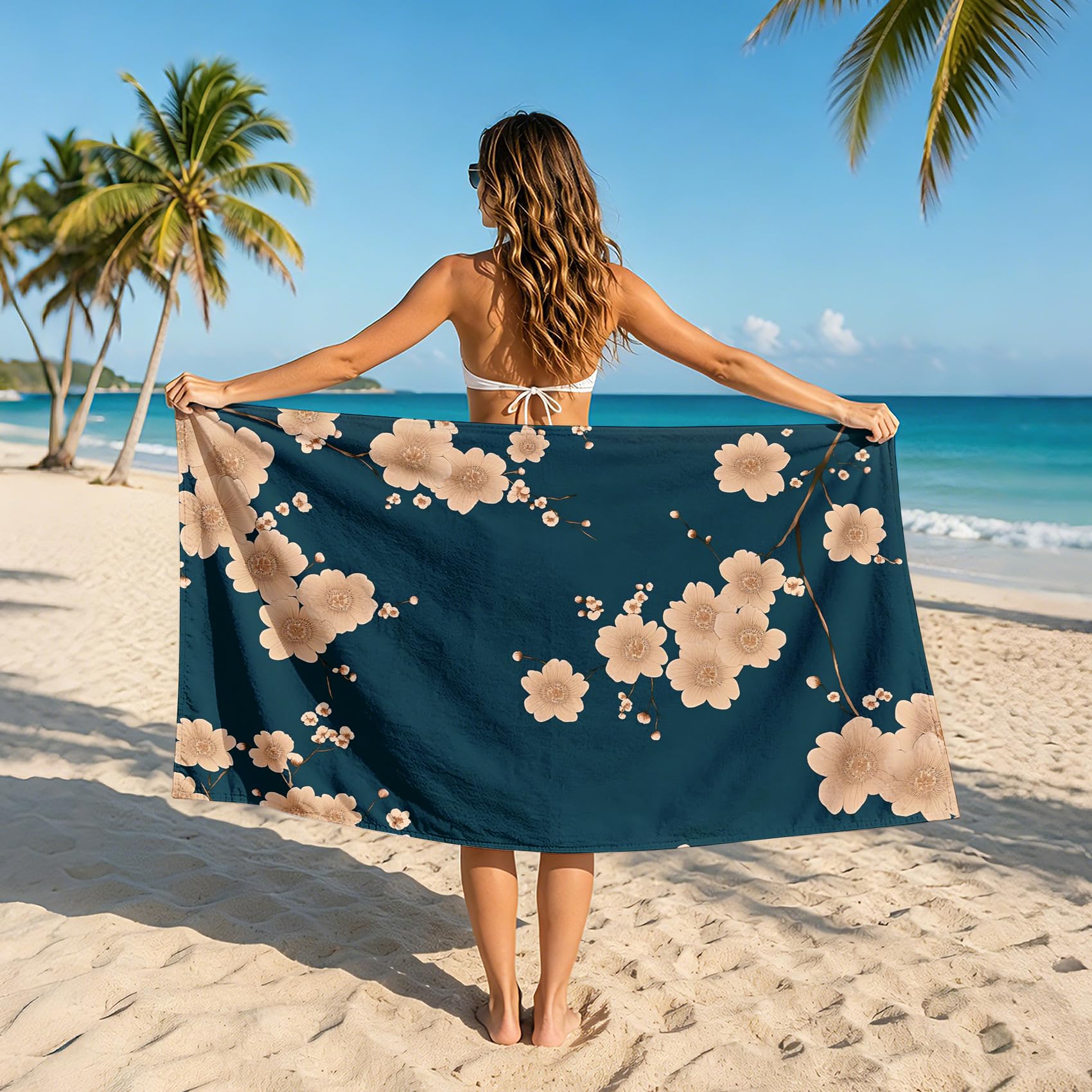 Serviette de Plage Microfibre Fleur De Cerisier, Drap de Plage XXL Bleu Pétrole à Fleurs Séchage Rapide & Anti Sable & Légère, Serviette de Bain Grande Taille 100x200 cm, Piscine Sport Voyage