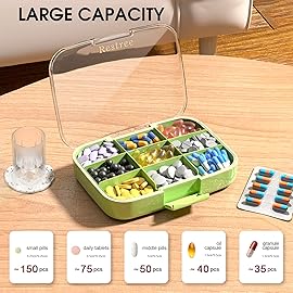 Restree Large Pill Organizer, Moisture Proof & Waterproof Travel Pill Case, Portable Medication Box with Adjustable Dividers for Vitamins Supplements Fish Oil and Daily Pills 9 Compartments (Green)