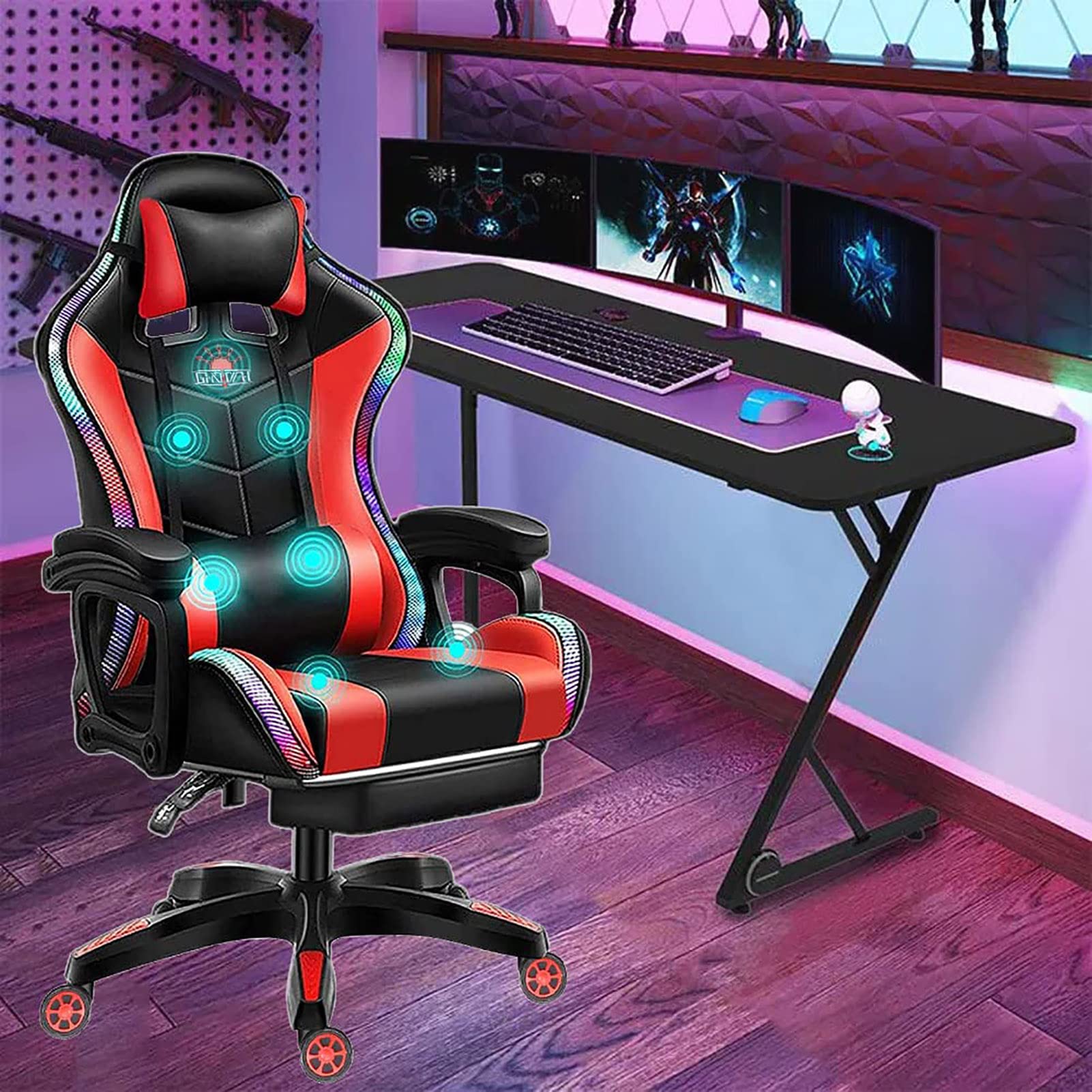 Chaise de jeu de massage avec lumières LED et dossier inclinable 135°