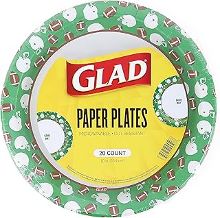 Glad Everyday Round Disposable Paper Plates with Football Design | Cut-Resistant, Microwavable Paper Plates for All Foods & Daily Use | 10 Inches, 20 Count, Green