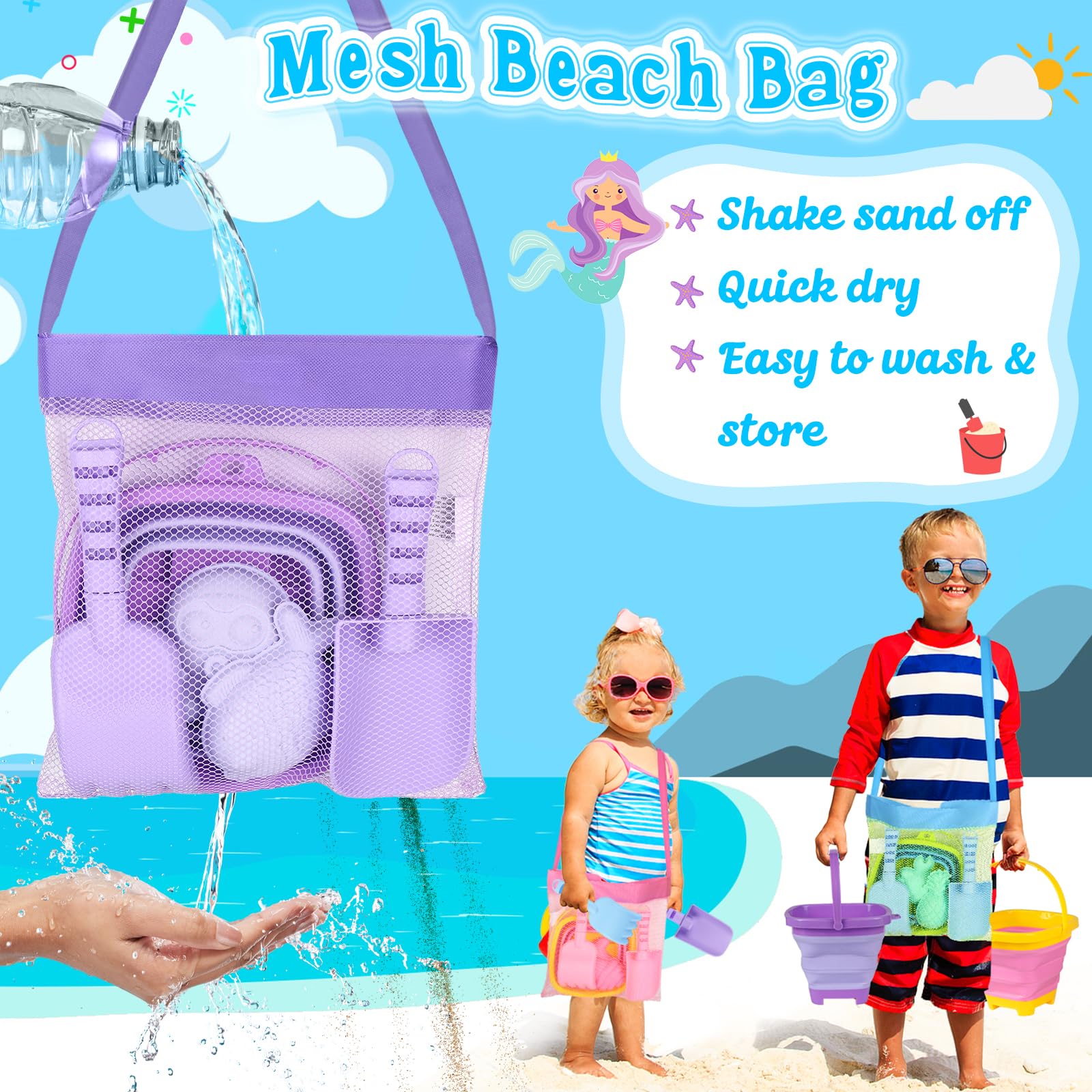 TSDATOWR Faltbares Strandspielzeug, 3 Silikon-Sandeimer für Kinder im Alter von 3–10 Jahren | Faltbare Eimer, Schaufeln, Formen und Netztasche für Strandutensilien, Sandkasten, Reisen, Multi-Szenen-Outdoor-Spielen