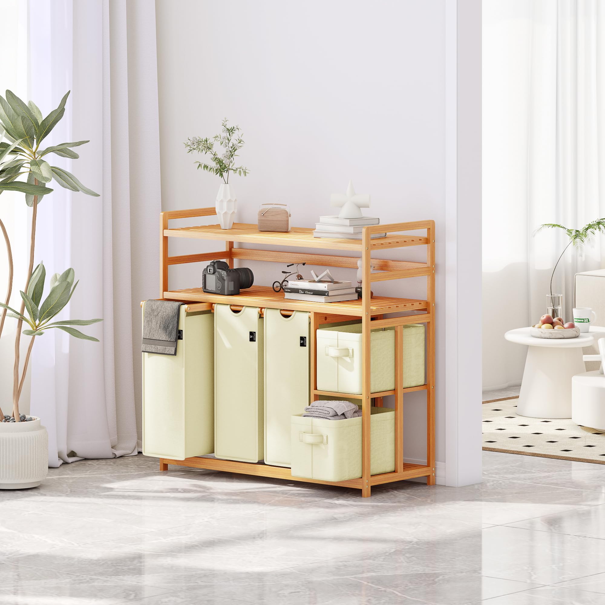 ADEL DREAM Wäschekorb 5 Fächer 2 Regale Wäschesammler 190L Wäscheboxen Mit Korb Wäschesortierer mit 3 Wäschesäcken & 2 Stoffboxen Wäschesack Bambus Wäscheregal Wäschebox Laundry basket Beige
