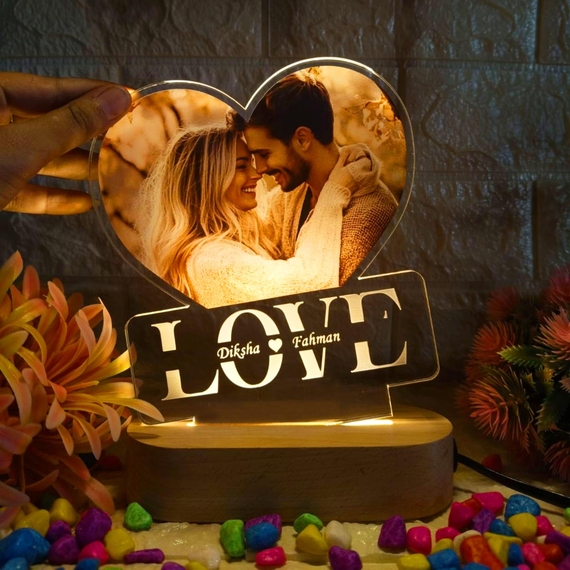 SHAYONA Personalized Warm White Color LED Table Lamp Name Engraving for Couple Gift for Anniversary, Wedding, Marriage, Valentine Day- Wooden Base Design (UVL 29) 2