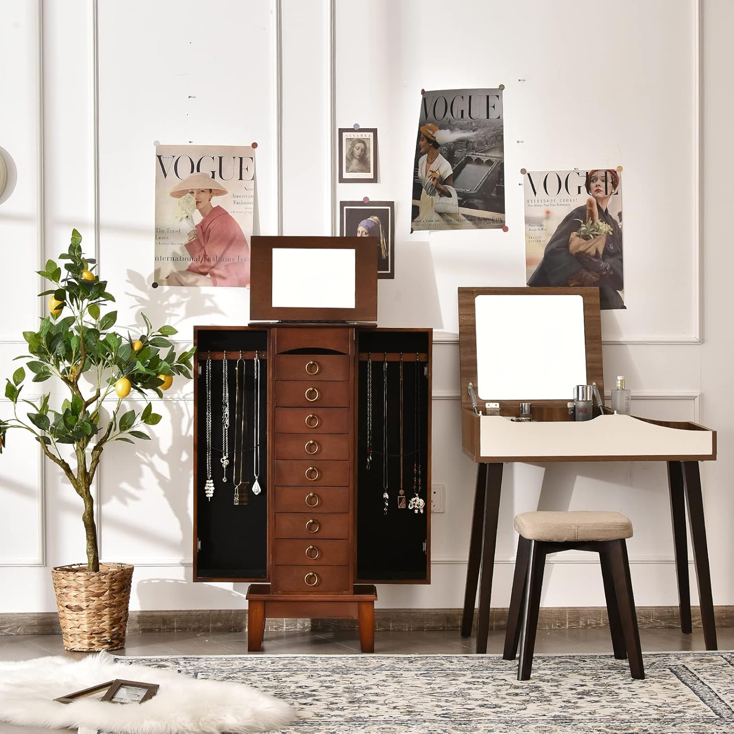 Giantex Jewelry Cabinet with Top Compartment, 9 Drawers & 2 Side Doors, Wooden Jewelry Armoire Storage Chest Stand with Flip Top Mirror, Necklace Hooks, Bedroom Armoire with Large Storage, Walnut : Clothing, Shoes & Jewelry