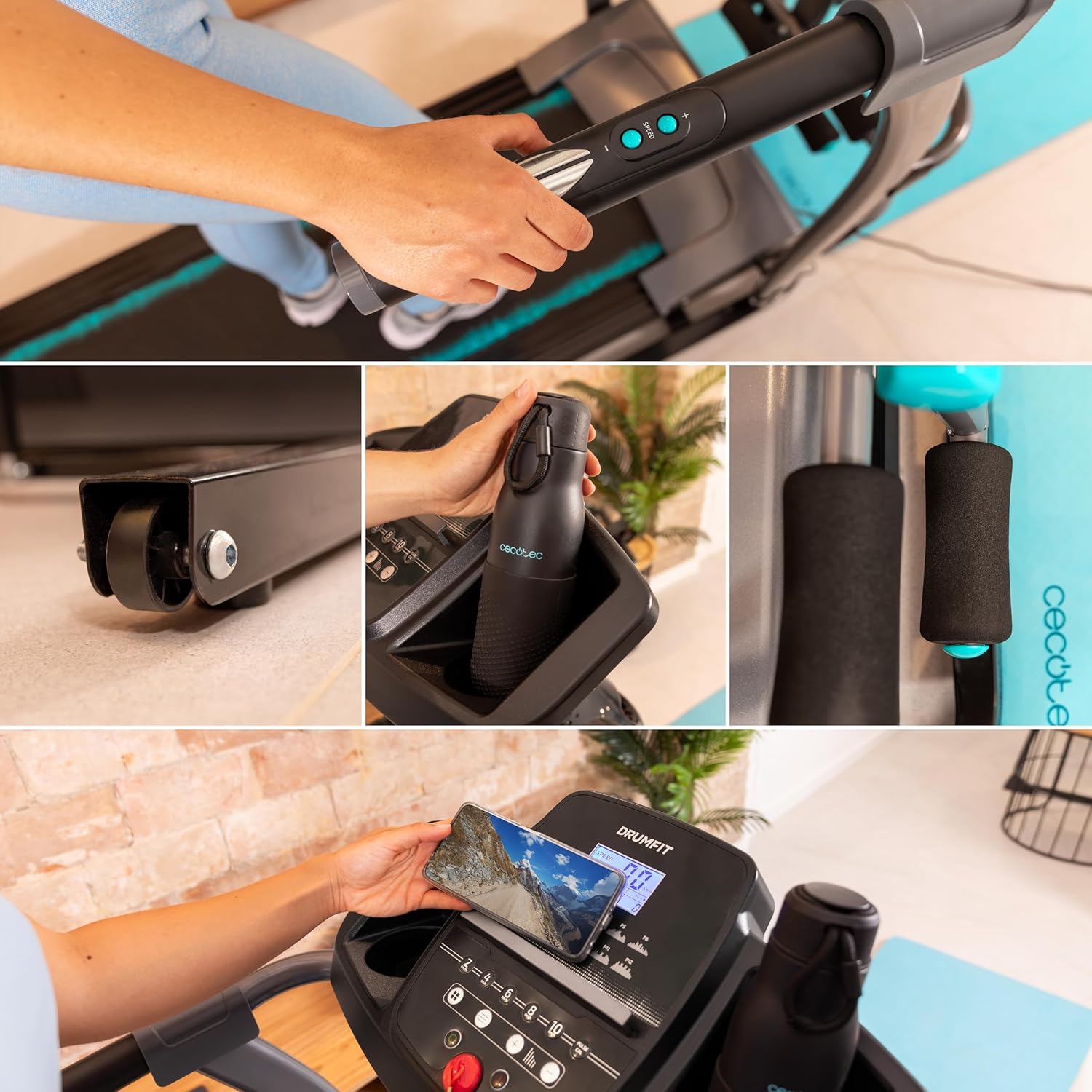 Collage of treadmill features including transport wheels, bottle holder, foam grips, and phone holder