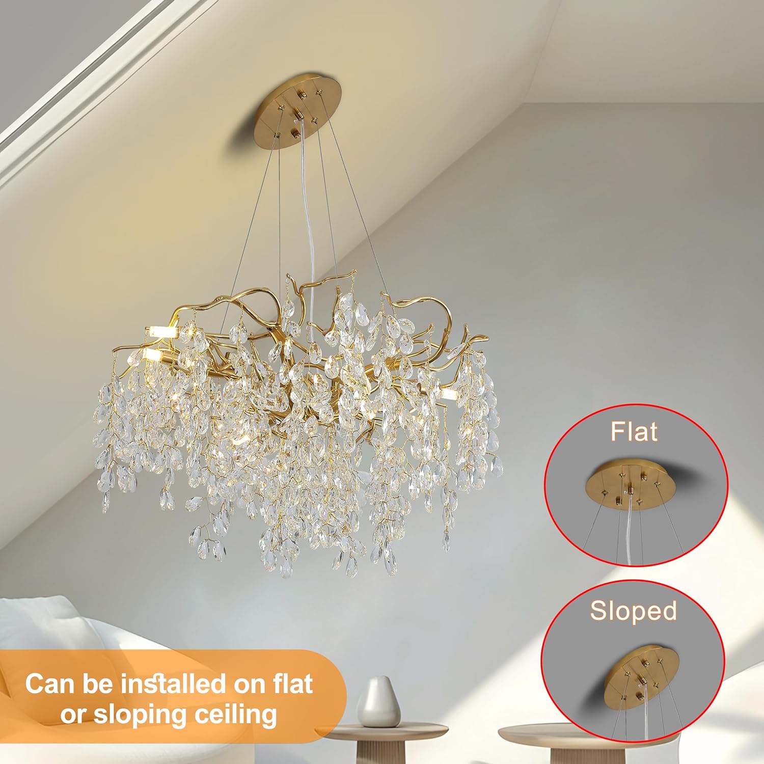 24 Inch Gold Tree Branch Crystal Chandelier, 6-Light G9 Base K9 Crystal Pendant Light, Adjustable Fixture for Dining Room, Living Room & Staircase