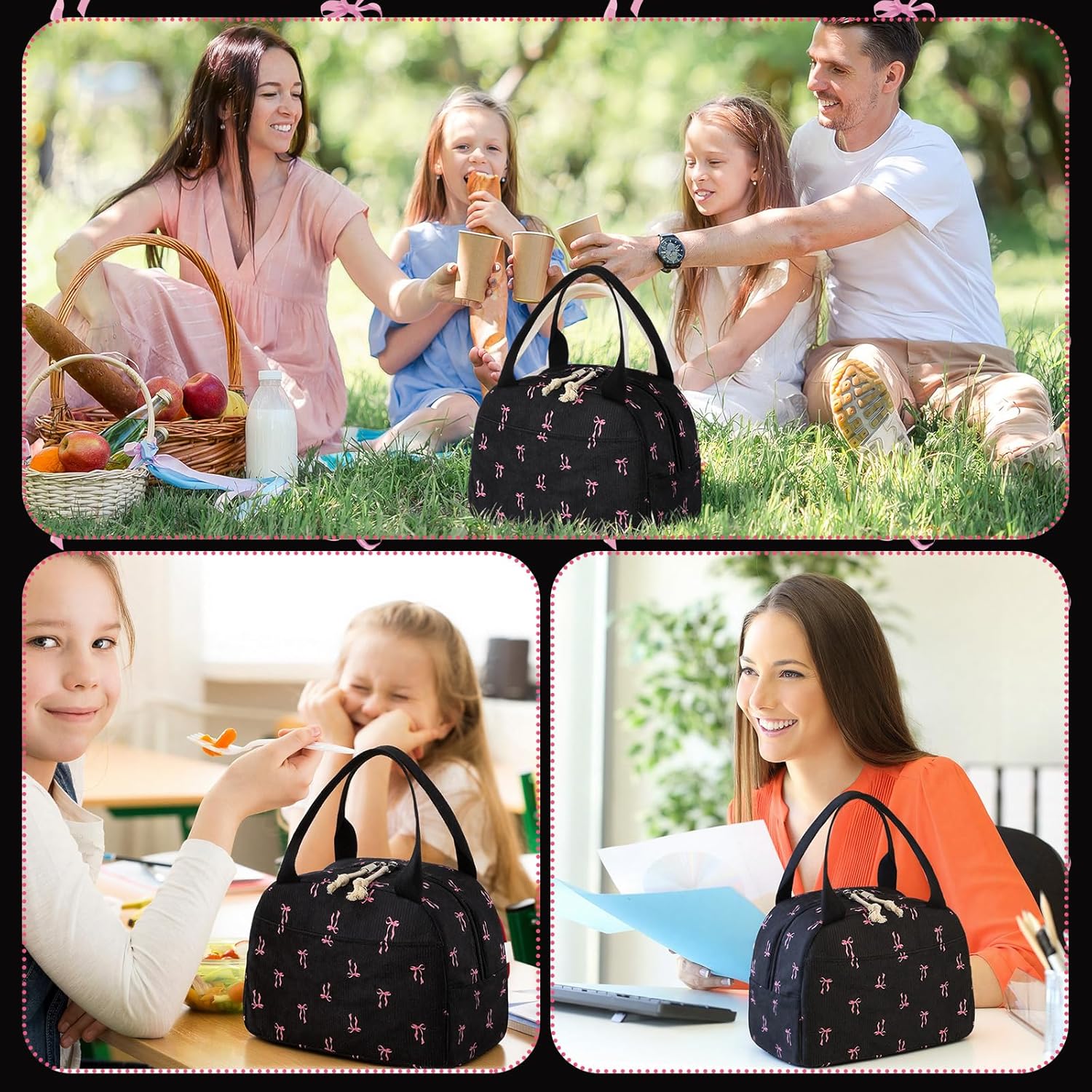 Black and Pink Bow Lunch Bag Cute Corduroy Insulated Pink Bow Lunch Box for Women Coquette Tote Bag Reusable Large Capacity Cooler Containers Preppy Stuff Gifts for Picnics Travel Outdoor - Image 6