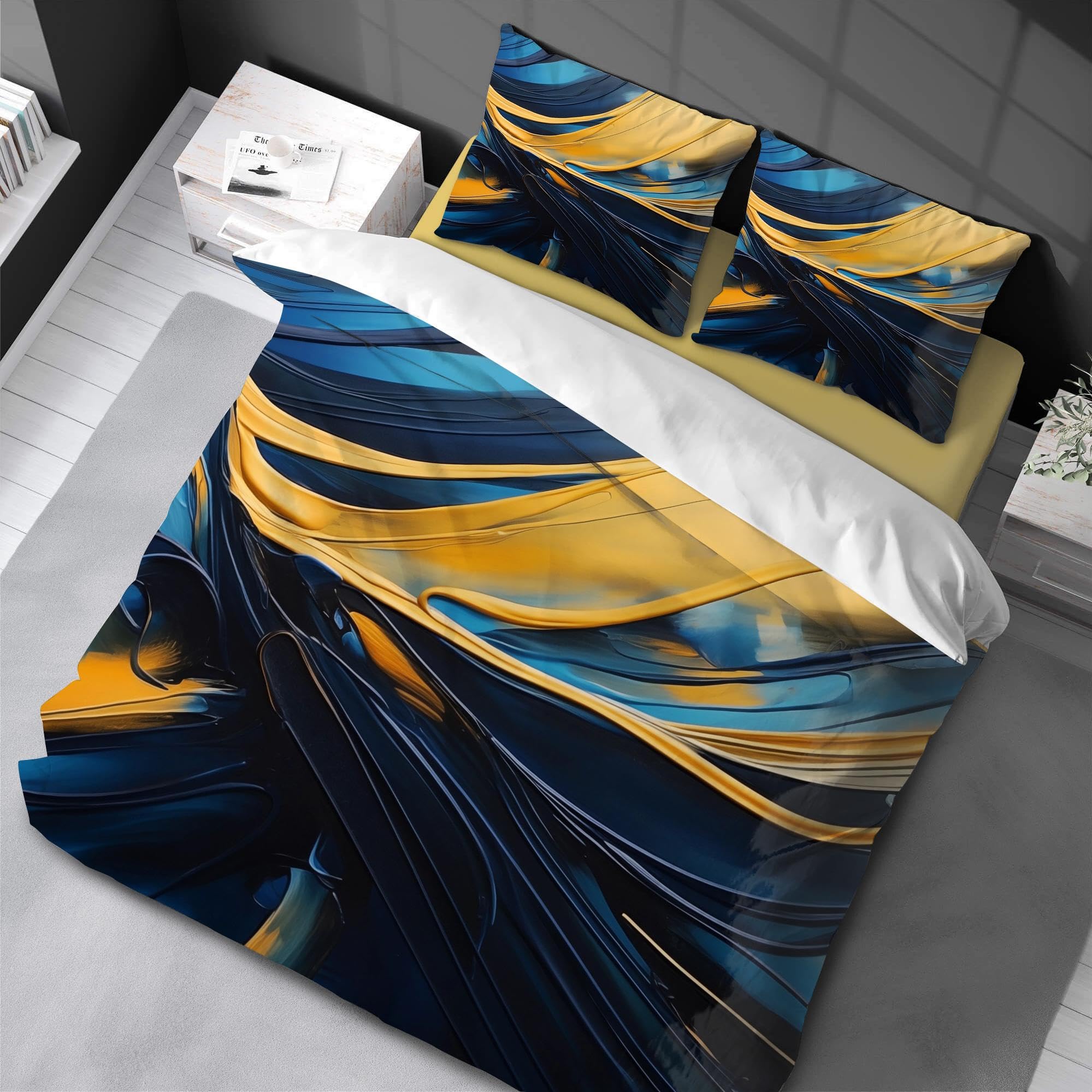 Parure de lit en marbre bleu doré avec housse de couette 135x200 cm et 2 taies d'oreiller pour adulte