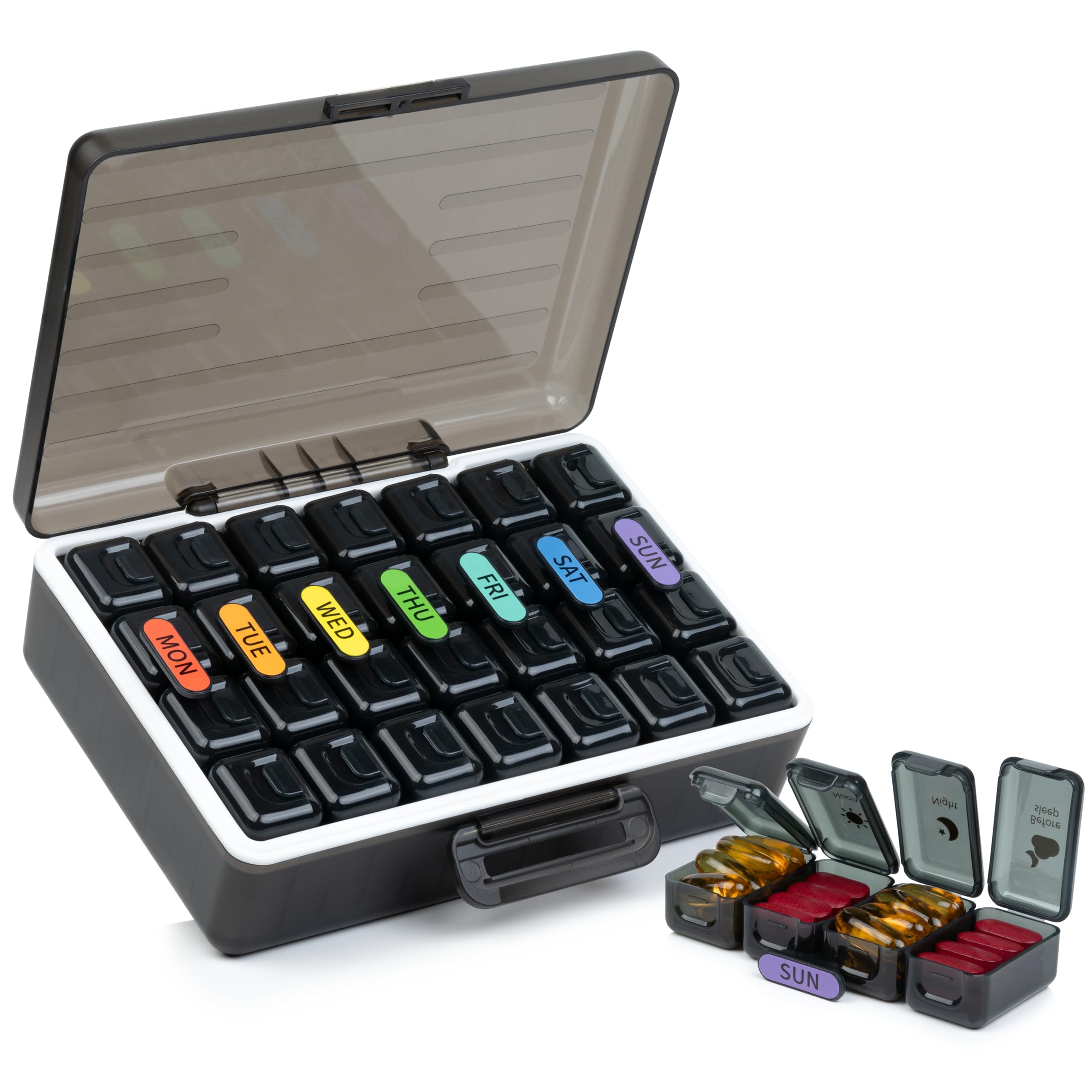 Big Premium Medicine organizer- Medicine organizer box- Medicine Box, 7 days Pill Box For Home-Pill Organizer Box Case With Large Compartments, Portable for pills & Supplements (Black-4 Compartment)-image-30
