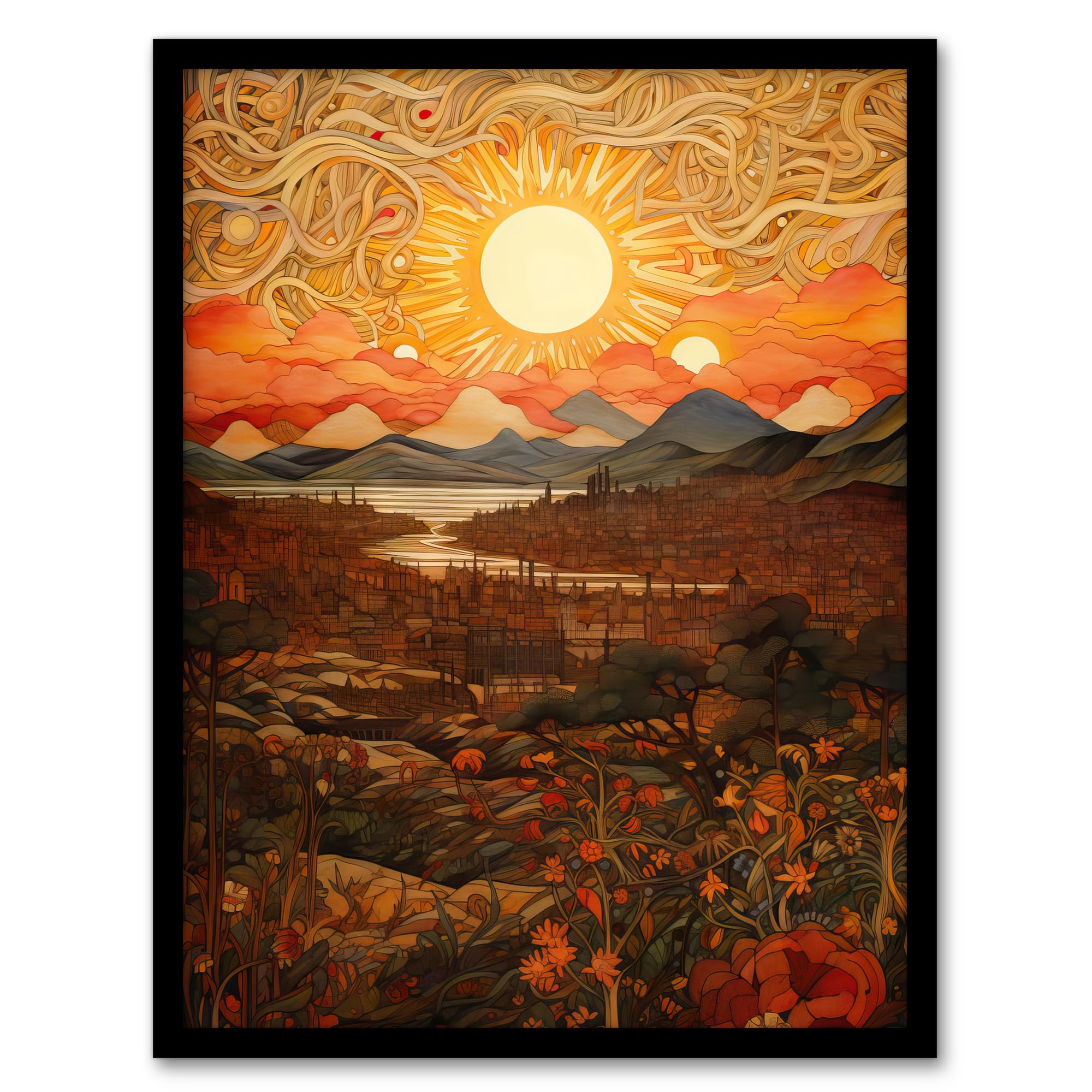 Artery8 Abstract Magical Autumn Sunset Landscape Painting Artwork Artwork Framed Wall Art Print 18X24 Inch