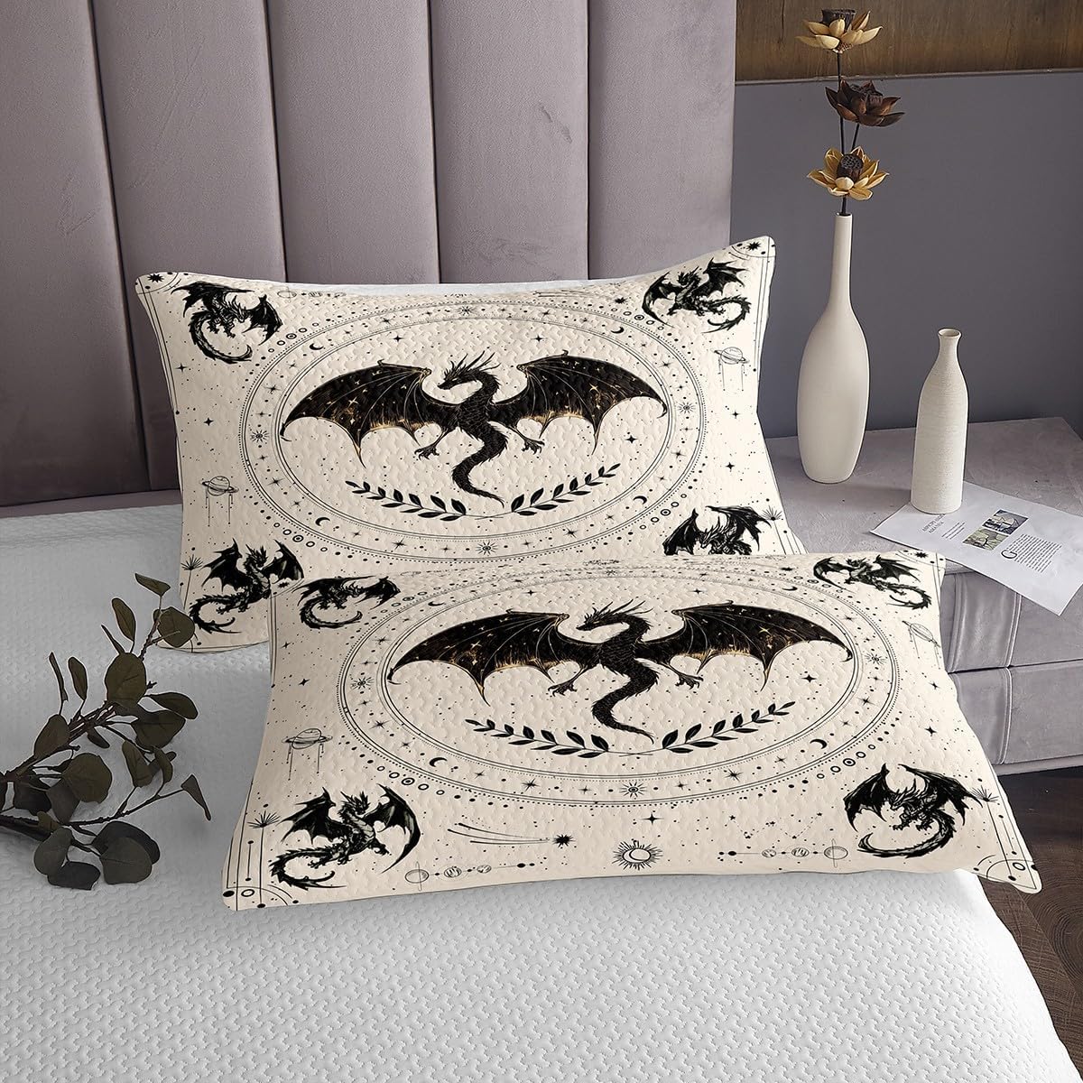 Homewish Western Magic Dragon Bedspread King Size,Moon Star Boho Quilt for Kids Boys Girls Room Decor,Galaxy Planet Wild Animal Bedding Set 3Pcs,Gothic Dragon Microfiber Coverlet Set,2 Pillowcases
