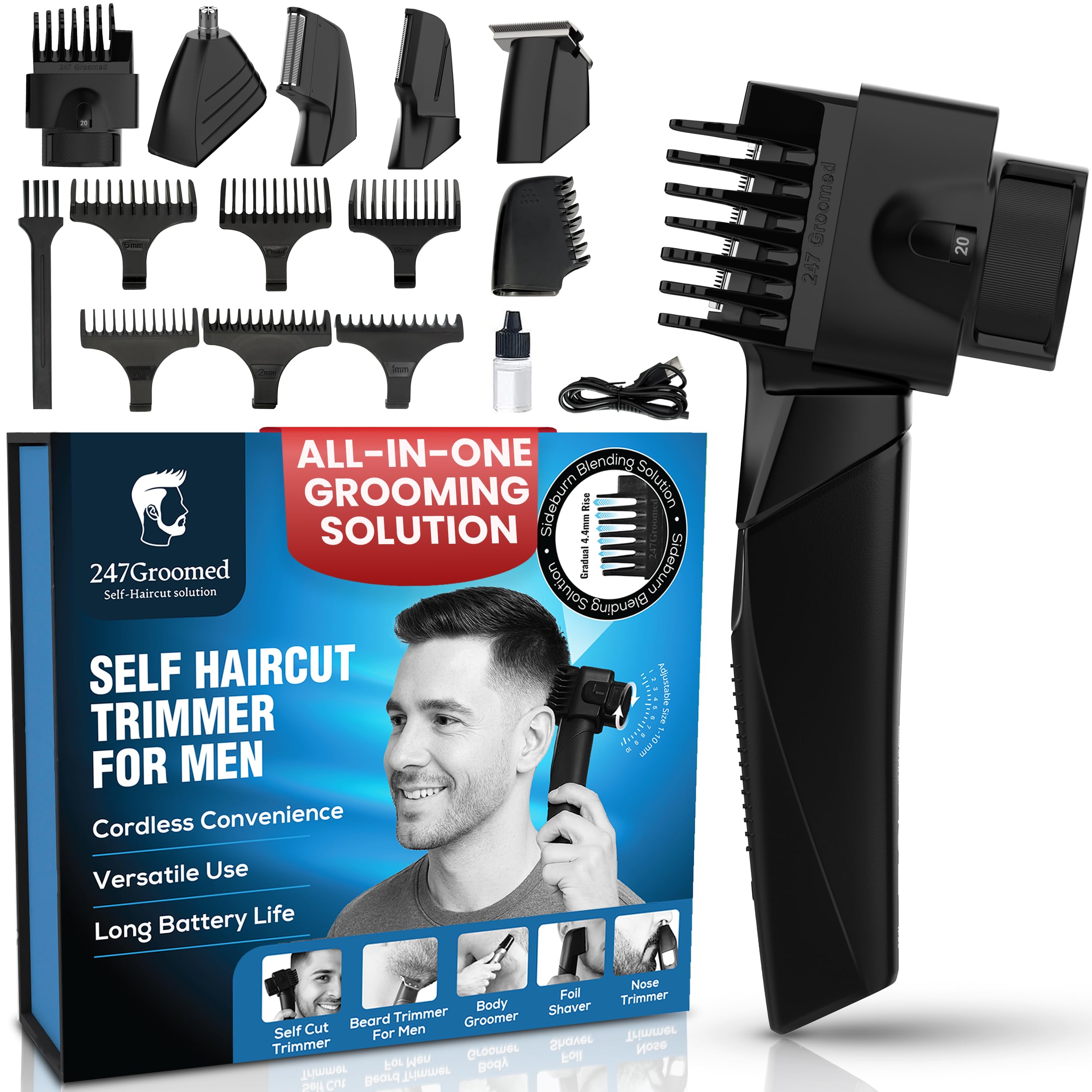 247 Groomed Selbst-Haarschnitt-Trimmer für Männer, Körperpflege, Bartschneider, Nasentrimmer, Rasierer für Männer, Koteletten-Mischlösung