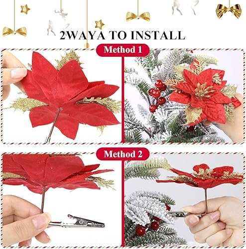 Miniatura 3 de U'Artlines 12 flores de Pascua artificiales con purpurina navideña, flores de Navidad con clips de metal, adorno de árbol de Navidad para invierno,
