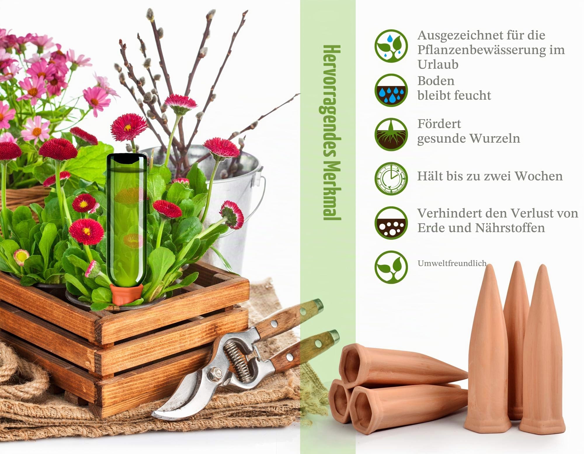 B SEPOR 6er-Set Keramik XL-Bewässerungs-Tonkegel für Glas- und PET-Flaschen, Terrakotta Pflanzenbewässerungsgeräte für den Urlaub