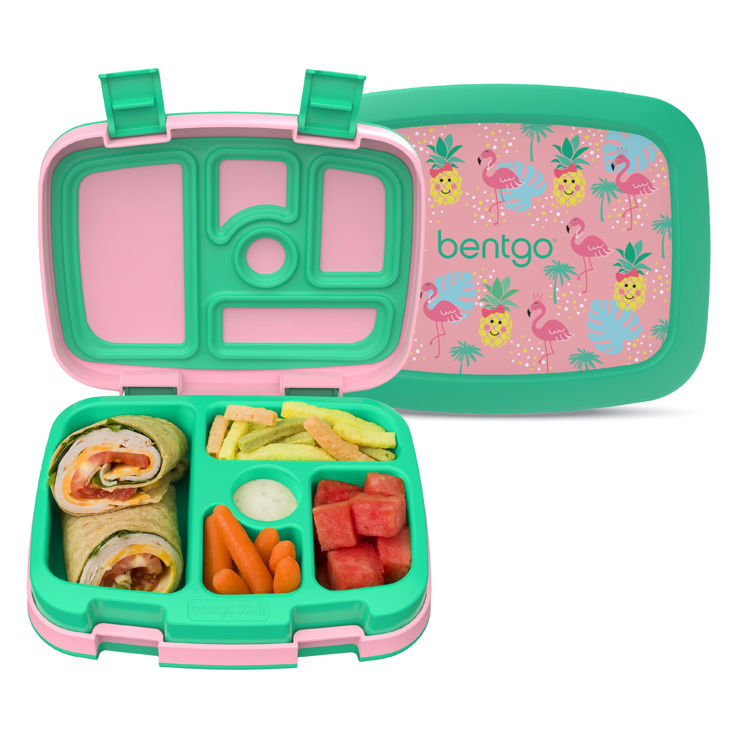 Bentgo® Kids Prints Leak-Proof, 5-Compartment Bento-Style Kids Lunch Box - Ideal Portion Sizes for Ages 3 to 7 - BPA-Free, Dishwasher Safe, Food-Safe Materials (Tropical)