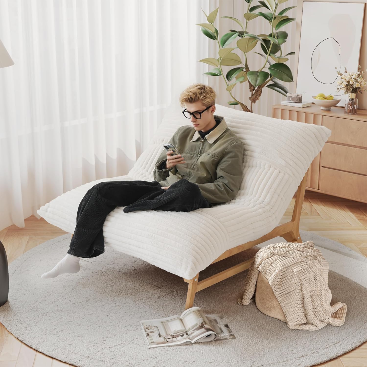 Oversized Chaise Lounge Chair Indoor, Modern 47.24" Plush Corduroy Deep Seat Reading Accent Chair, Comfy Giant Bean Bag Chairs for Adults, Single Sleeper Sofa Chairs for Living Room Bedroom, Beige