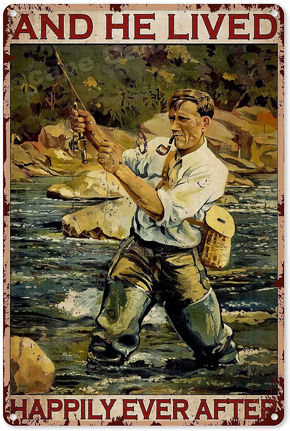 Lawenp Enjoy Fishing Metal Tin Sign,and He Lived Happily Ever After,Vintage Wall Decor Aluminum Poster for Home Bar Cafe Garage 8x12 Inch