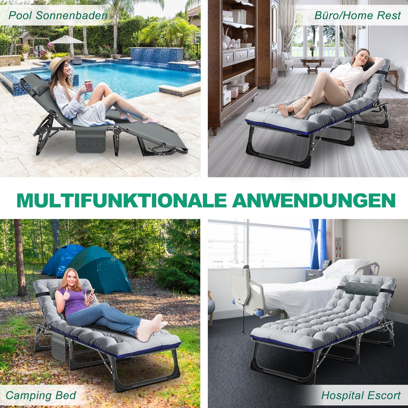 Obqer Opvouwbare ligstoelen, 200 kg capaciteit campingbed met kussen en Obqer Opvouwbare ligstoelen, 200 kg capaciteit campingbed met kussen en