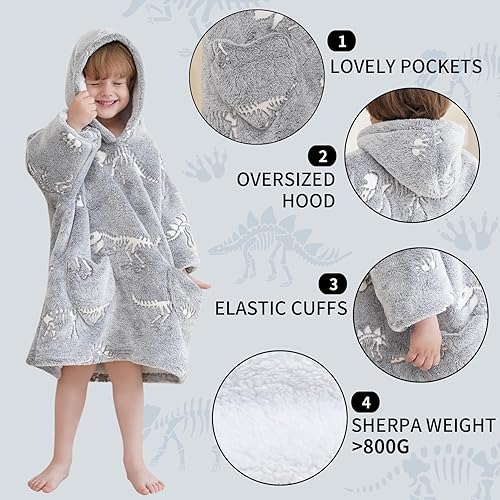 Miniatura 35 de Wearable Blanket Hoodie for Kids Oversized Sherpa Blanket Hoodie for Kids Boys Girls Teens 6-13YR,Navy Shark