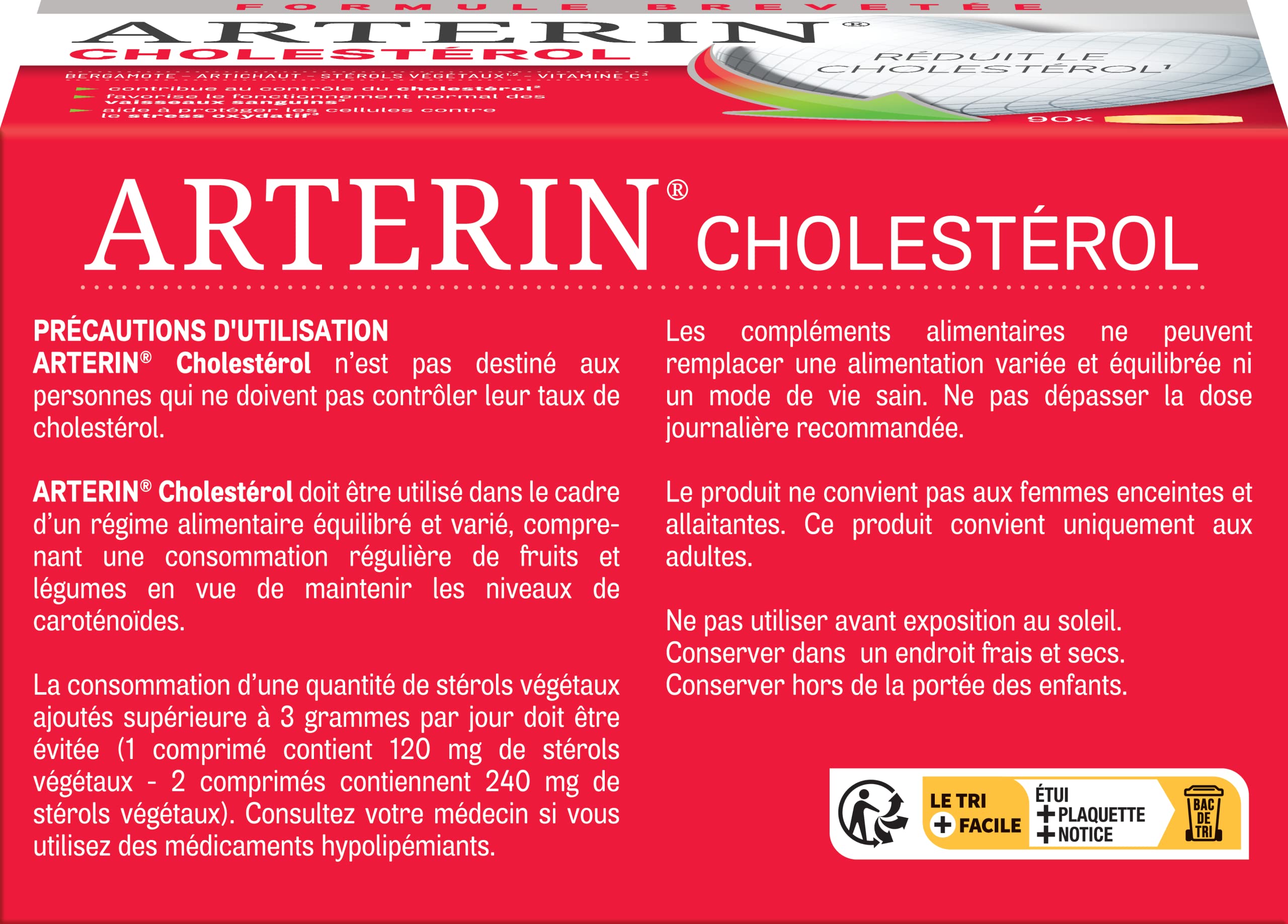 ARTERIN Cholestérol - Complément Alimentaire à base de Plantes, de Stérols Végétaux ajoutés et de Vitamine C - 90 Comprimés
