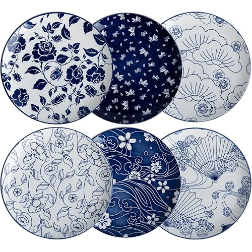 Ceramic Dinner Plates, 8 Inch Porcelain Dessert Salad Plates for Appetizer, Small Lunch - Dishwasher & Microwave Safe Kitchen Plates, Set of 6 (Blue)